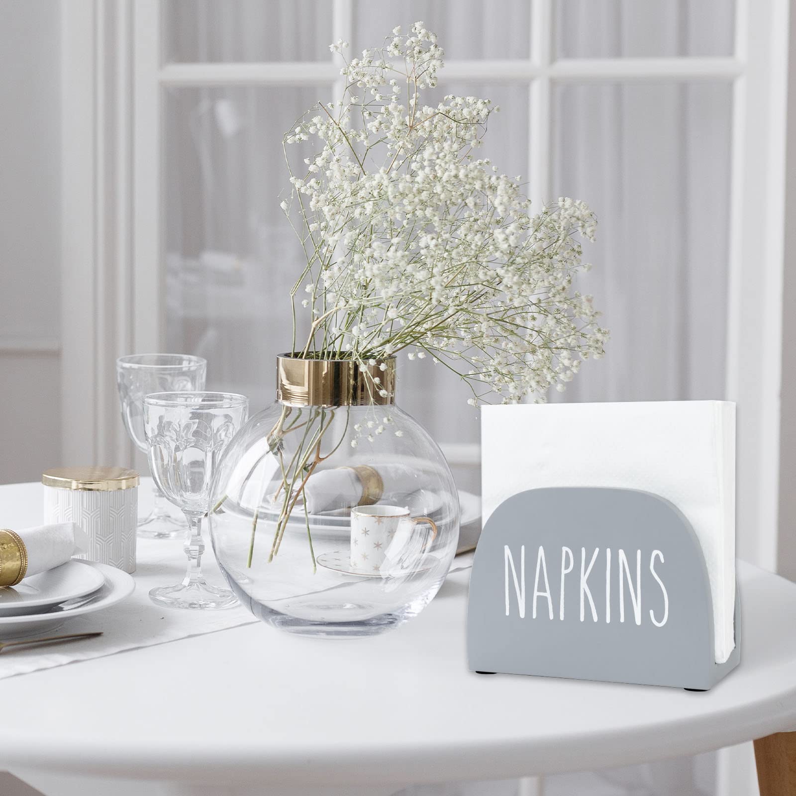 Solid Real Wood Farmhouse Napkin Holder - Freestanding Paper Napkin Storage Dispenser for Kitchen Countertop & Dining Table (6 x 4 inch, Gray) - Perfect for Rustic Home Decor, Holiday Entertaining & Everyday Use