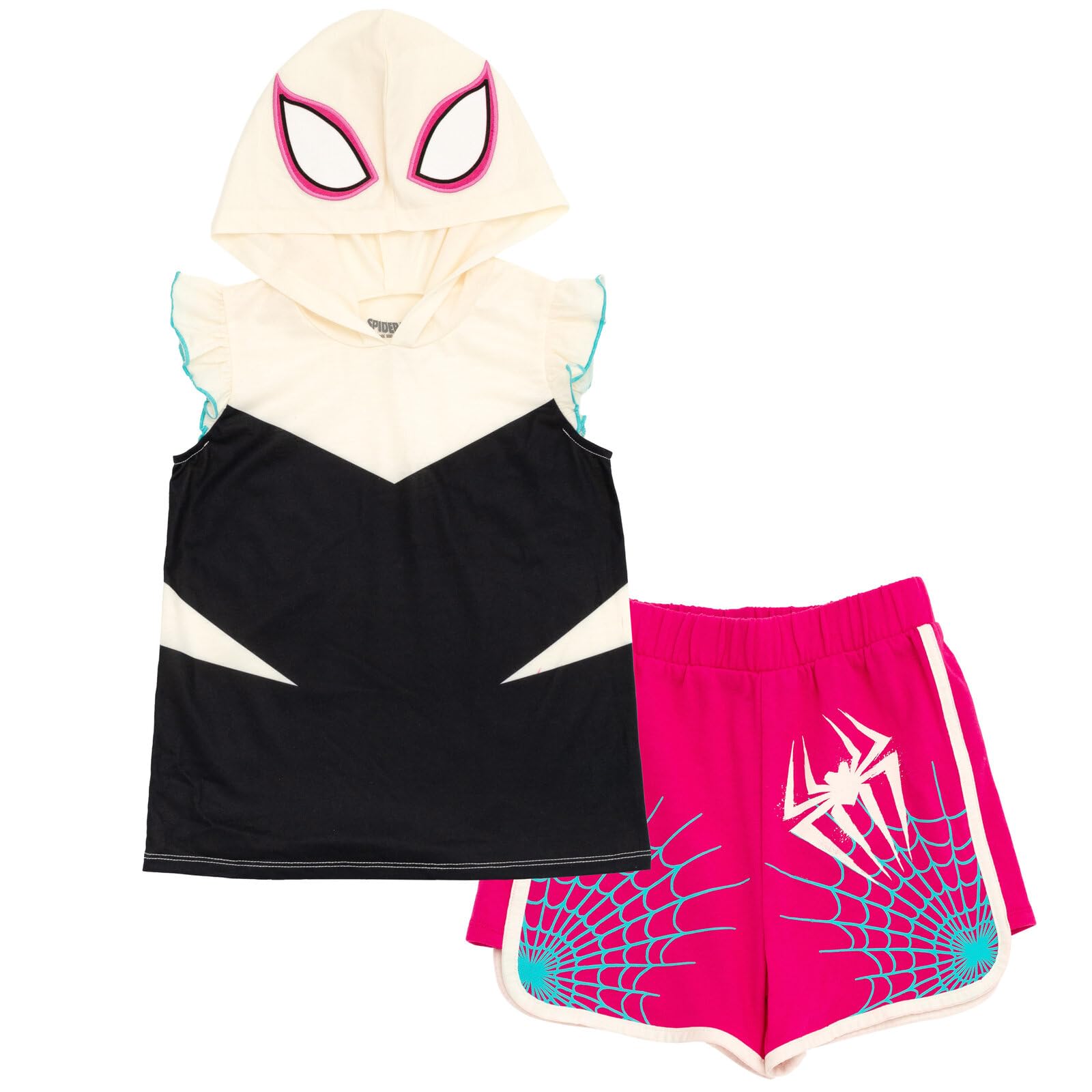 Marvel Spider-Man Girls Cosplay Tank Top & French Terry Dolphin Shorts Outfit Set (2T-16) | Superhero Costume for Toddler to Big Kids | Perfect for Halloween, Dress-Up & Birthday Parties