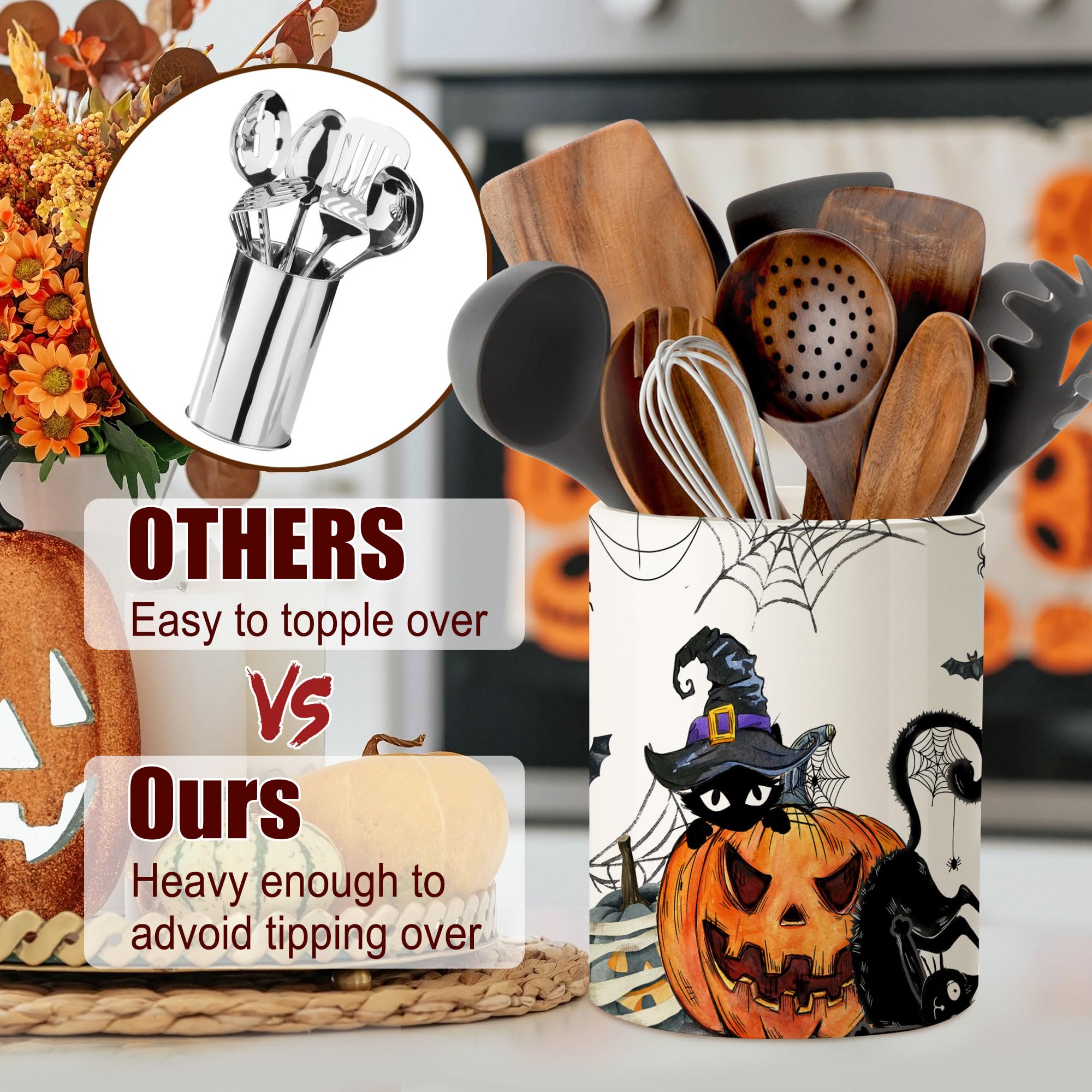 Halloween Ceramic Utensil Holder - 6.5in Cute Farmhouse Kitchen Decor for Halloween, Spooky Kitchen Utensil Organizer - Perfect for Halloween Party, Home Decor & Seasonal Kitchen Storage