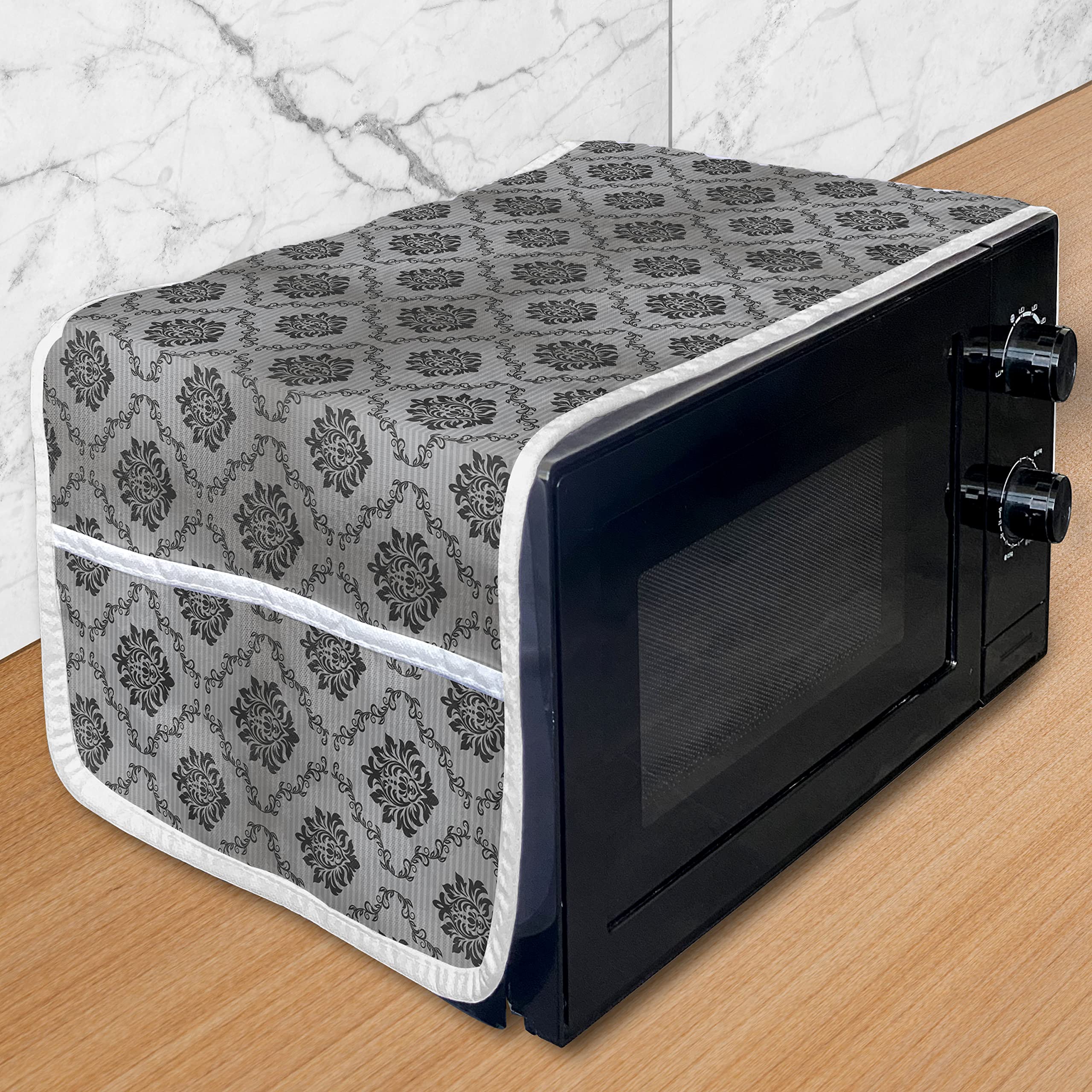 Ambesonne Microwave Oven Cover - Victorian Floral Damask Pattern, Water Resistant Kitchen Organizer with Pockets, 36