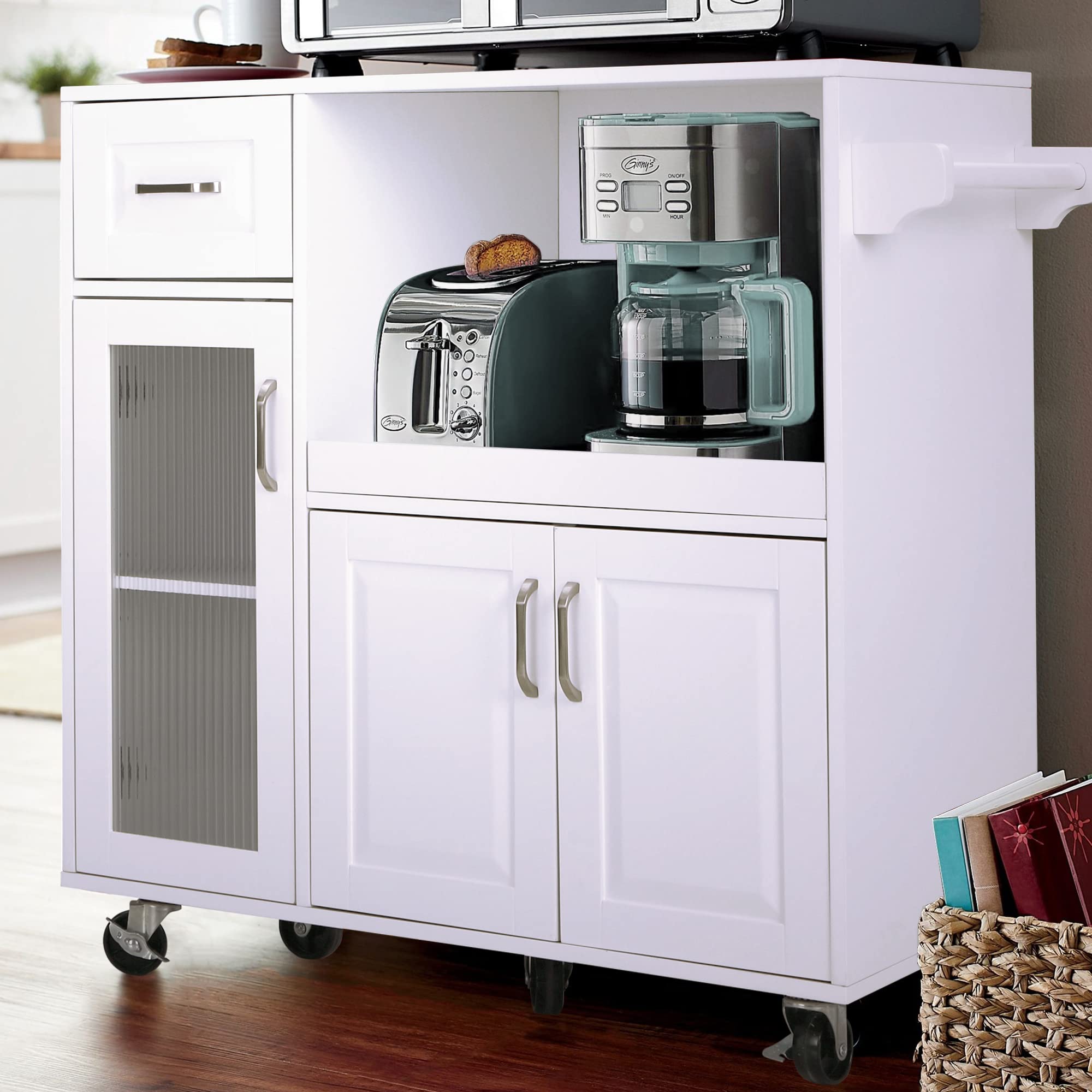 PHI VILLA White Microwave Stand Cart with Wheels - Mobile Kitchen Island with Microwave Shelf & Storage - Perfect for Small Kitchens, Apartments, and Dorm Rooms
