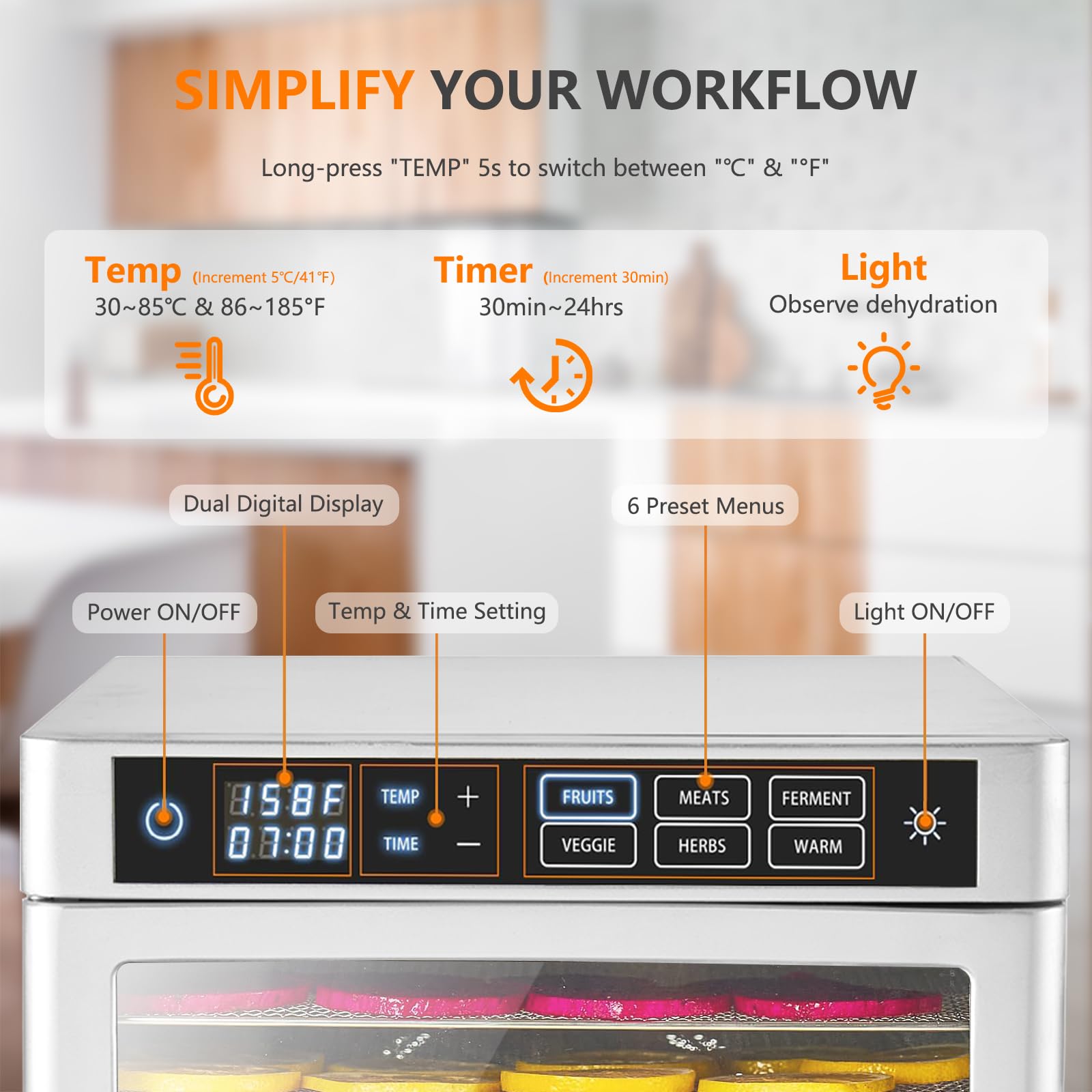 Premium Food Dehydrator Machine - Adjustable Temperature 86°F to 185°F & Digital Timer 0.5-24 Hours - Perfect for Drying Fruits, Vegetables, Meat, Jerky & Pet Treats - 12 Stainless Steel Trays - Ideal for Home Kitchen, Camping & Healthy Snack Preparation