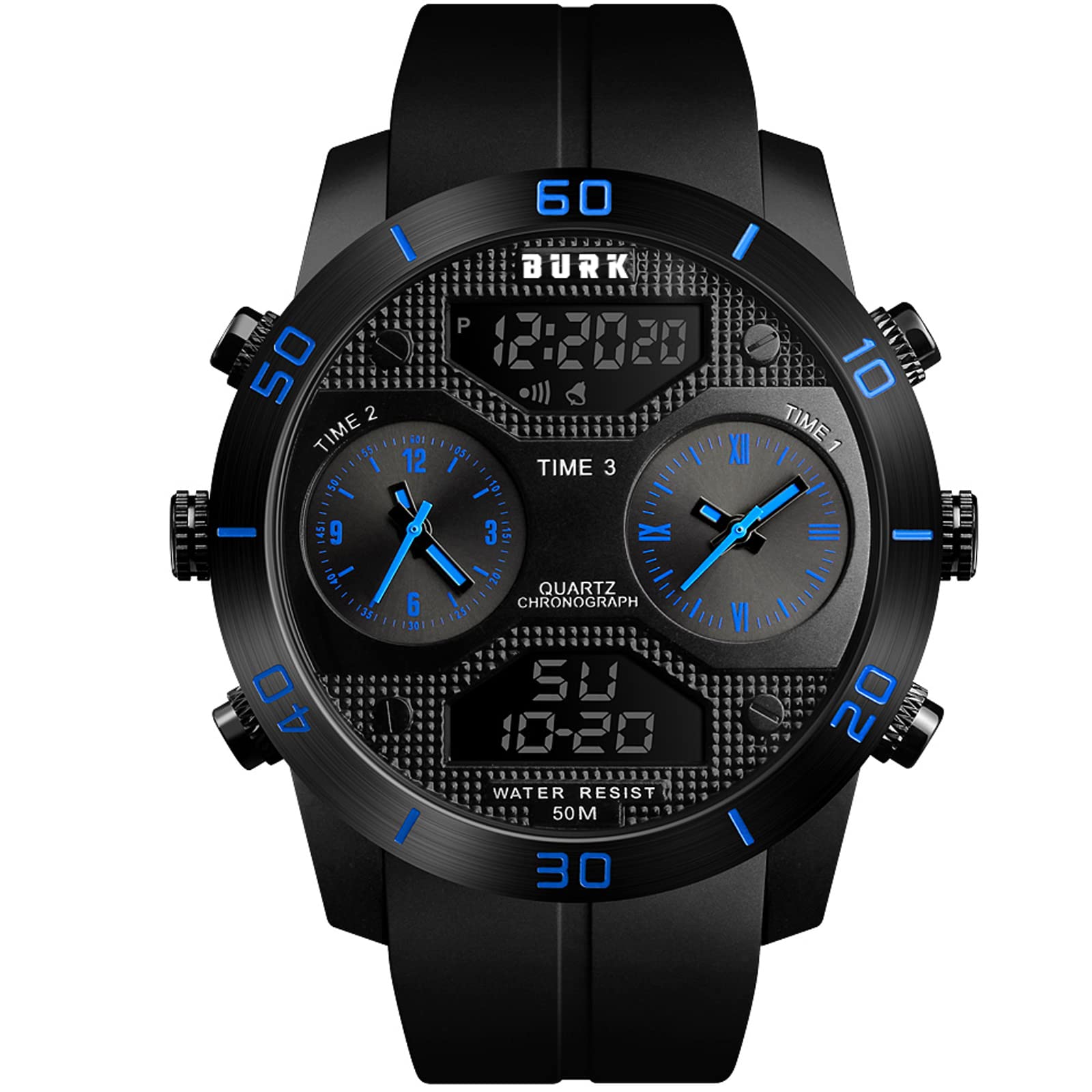 BURK 1355 Men's Military Sports Watch - Waterproof Analog Digital Quartz Wristwatch with Chronograph - Perfect for Outdoor Adventures, Workouts & Everyday Wear