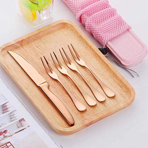 Premium Rose Gold Fruit Knife Set - 1 Knife & 4 Forks with Travel Case | Perfect for Picnics, Camping, Hiking & Outdoor Dining | Elegant Portable Cutlery for Fruits, Cheese & Charcuterie