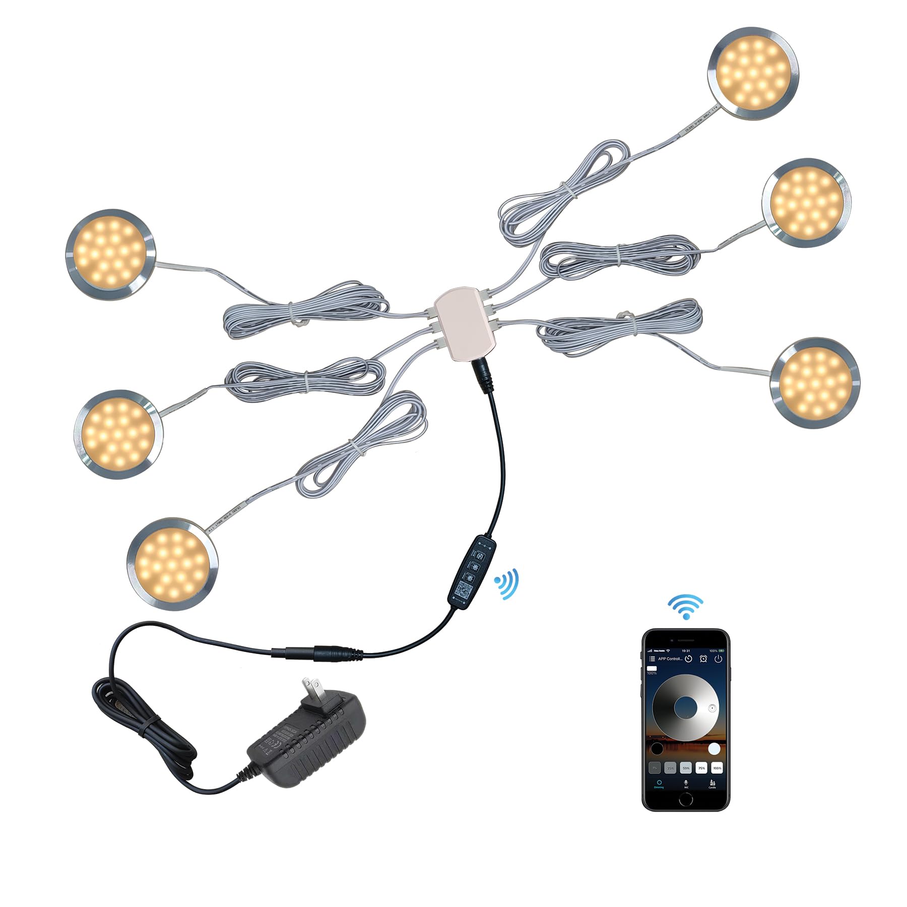 6-Pack Bluetooth Smart Puck Lights with APP Control - Dimmable Under Cabinet Lighting, 12V DC Adapter, Warm White - Perfect for Kitchen, Closet, and Shelf Illumination