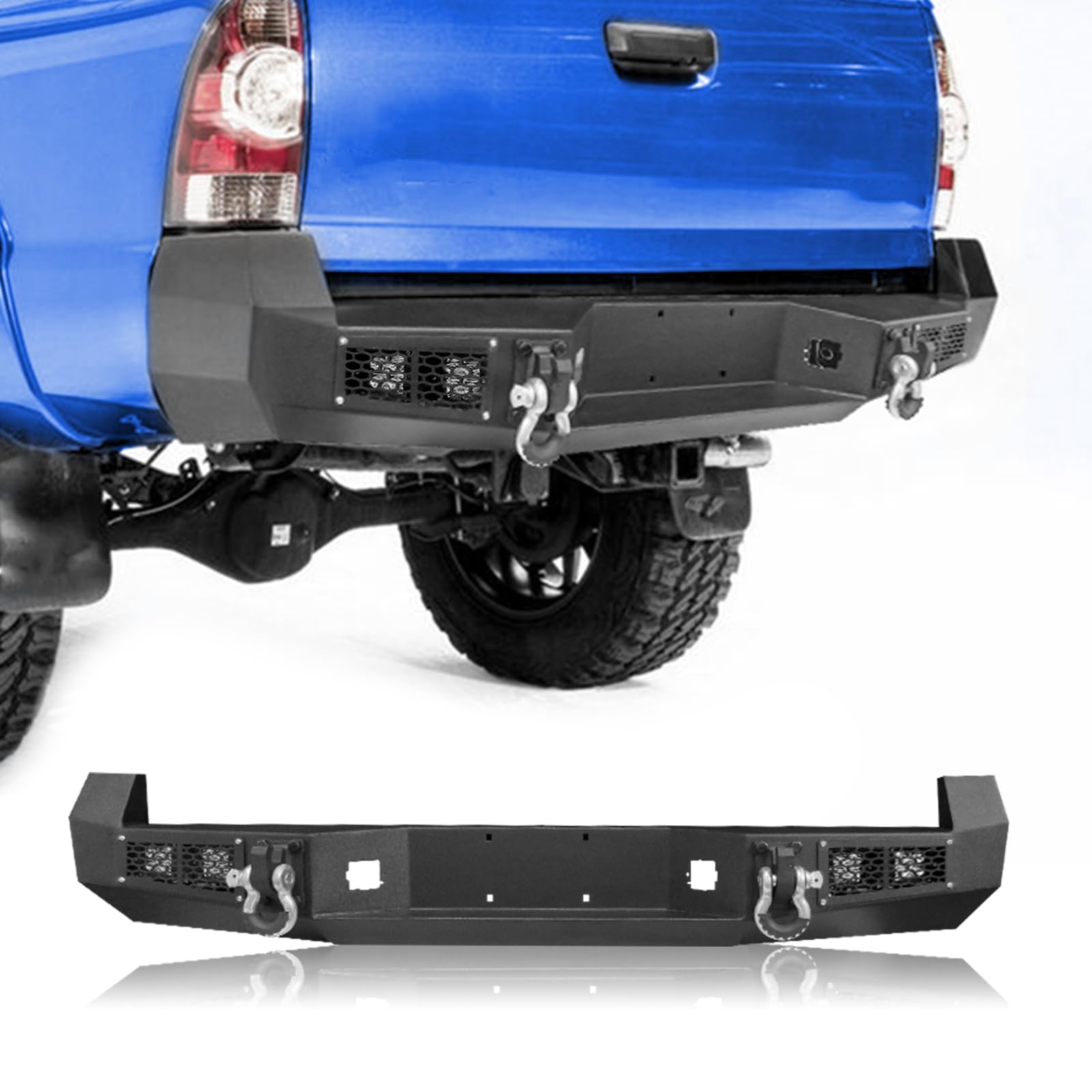 FIRSTGO Heavy Duty Rear Bumper with Winch Mount & 4 LED Lights for 2005-2015 Toyota Tacoma - Off-Road Bumper with D-Ring Shackles for Truck Protection & Adventure