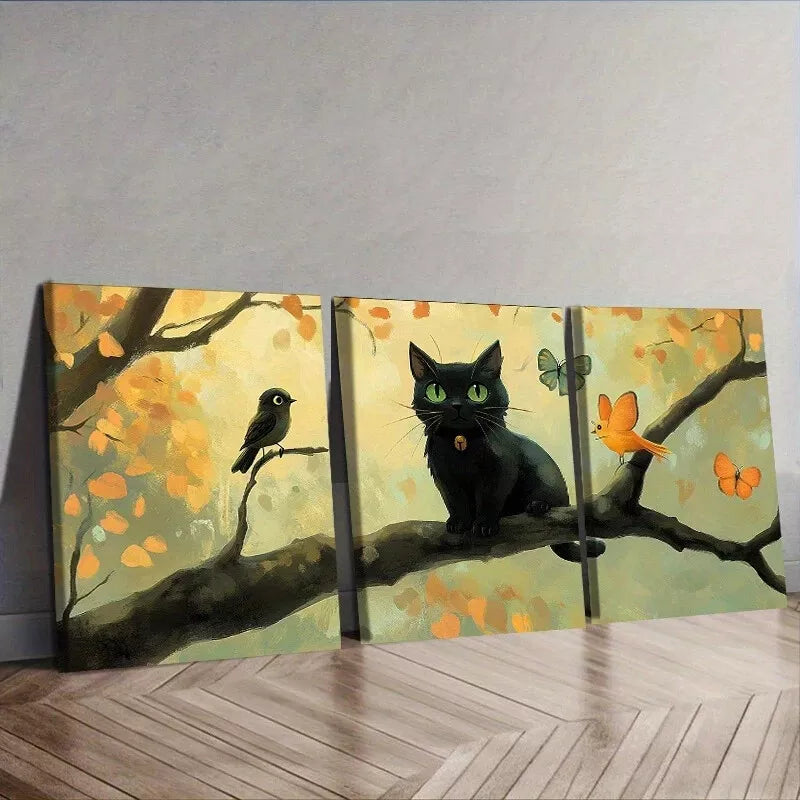 3-Piece Black Cat & Autumn Branch Wall Art Set - Framed Canvas 40x60cm | High Quality Print | 100% Australian Made | Ready to Hang | Perfect for Living Room, Bedroom & Office Decor