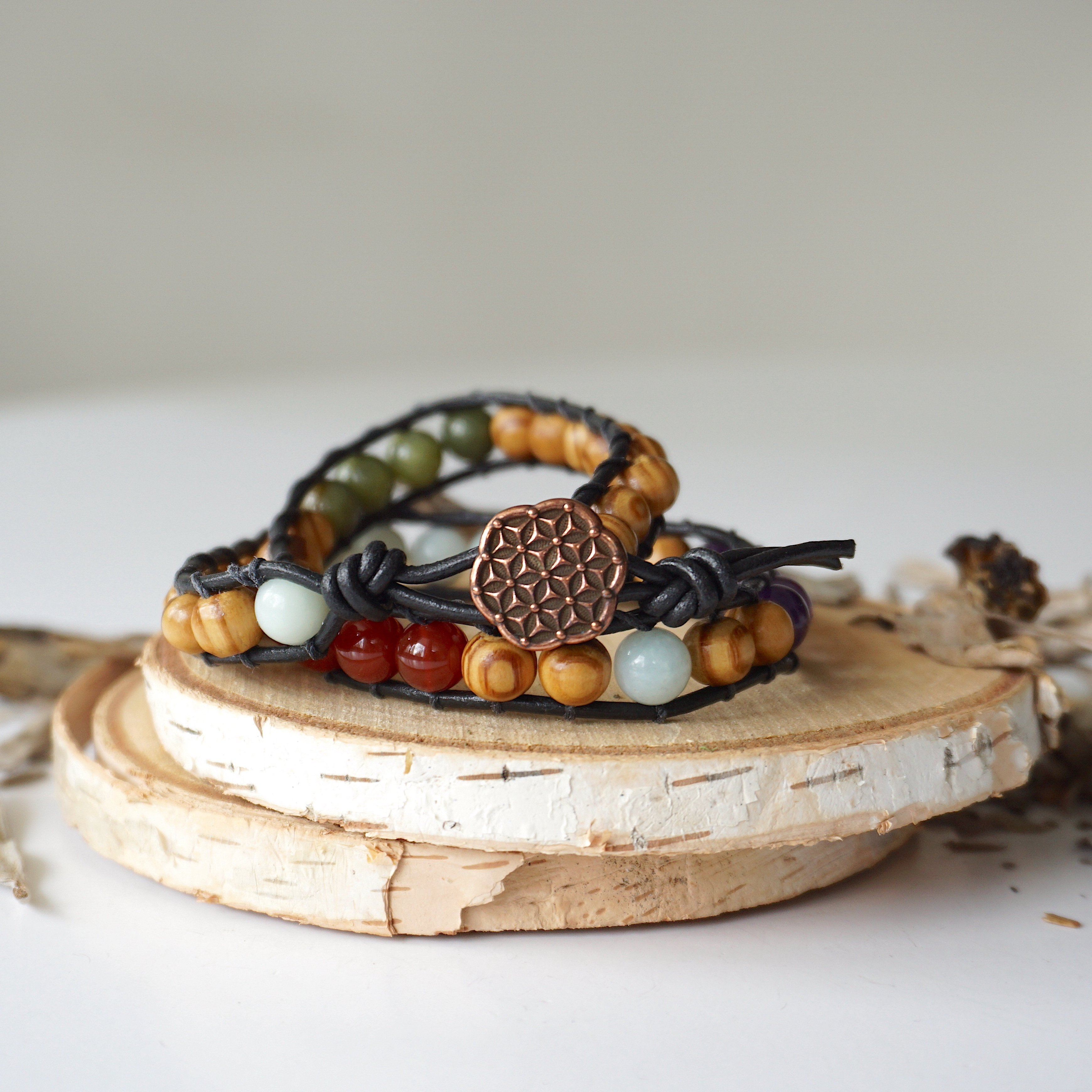 Stylish Mixed Crystal Wrap Bracelet with Natural Olive Wood Beads - Perfect for Boho Fashion, Yoga Accessories & Spiritual Healing Jewelry