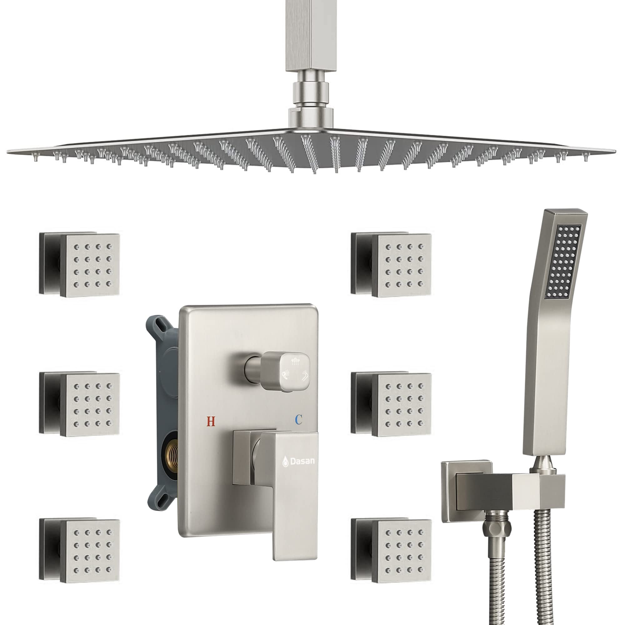 Premium DASAN Full Body Shower System - 6 Body Spray Jets, 12'' Rain Shower Head & Handheld Shower - Brushed Nickel Ceiling Mount Shower Faucet Set with Valve (SA-SS03ABN-S12C) - Perfect for Spa-Like Luxury Bathroom Experience