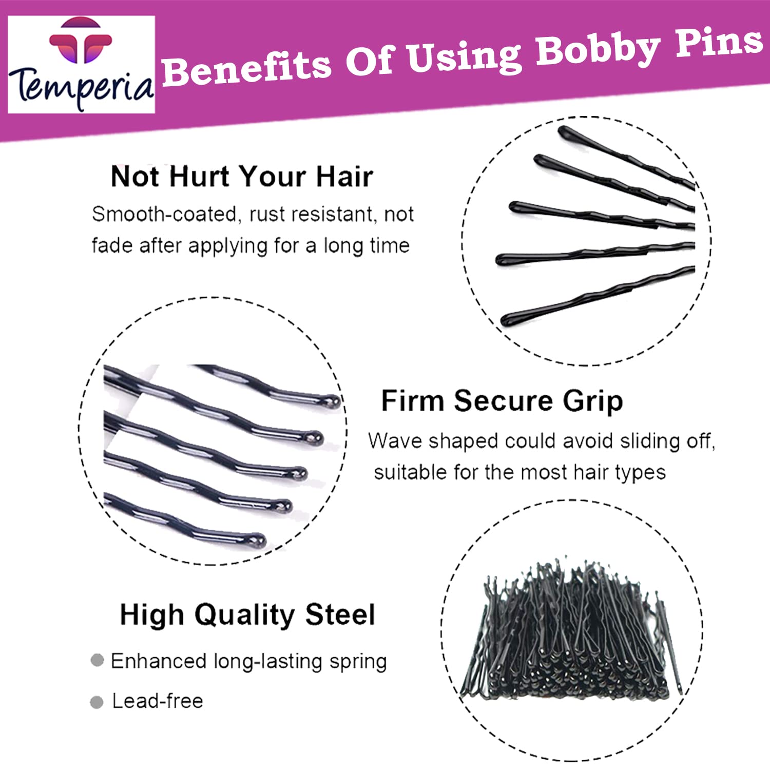 Temperia Small Bobby Hair Pins for Girls & Kids - 100 Pack (3.5cm) | Stylish Hair Clips for Women & Children | Black Hair Styling Accessories for School, Parties & Everyday Hairstyles