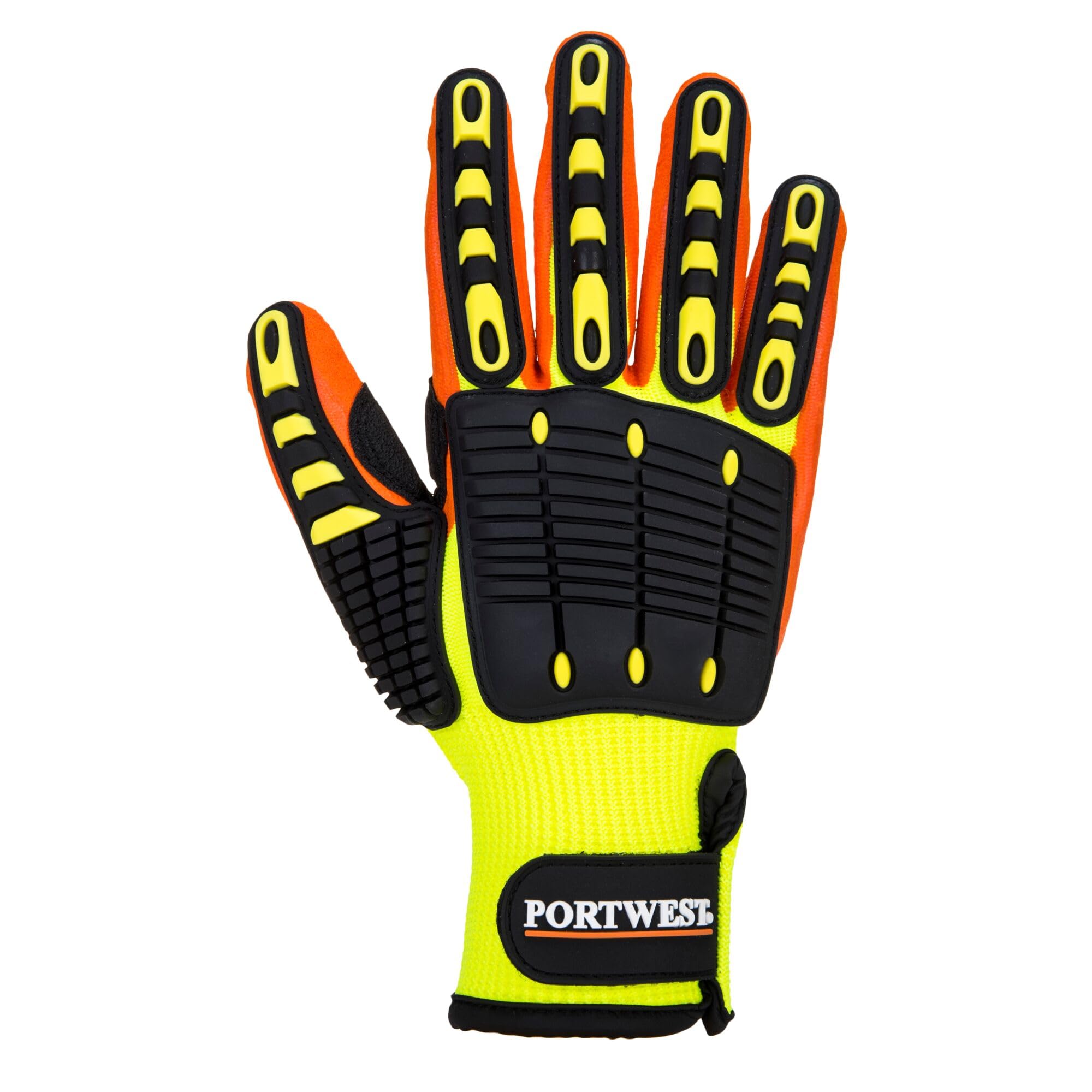 Portwest A721 Anti-Impact Safety Work Gloves - Lightweight Nitrile Coated with Shock Absorption for Construction, Warehouse & Industrial Use - Yellow/Orange Protective Gloves for Hand Safety