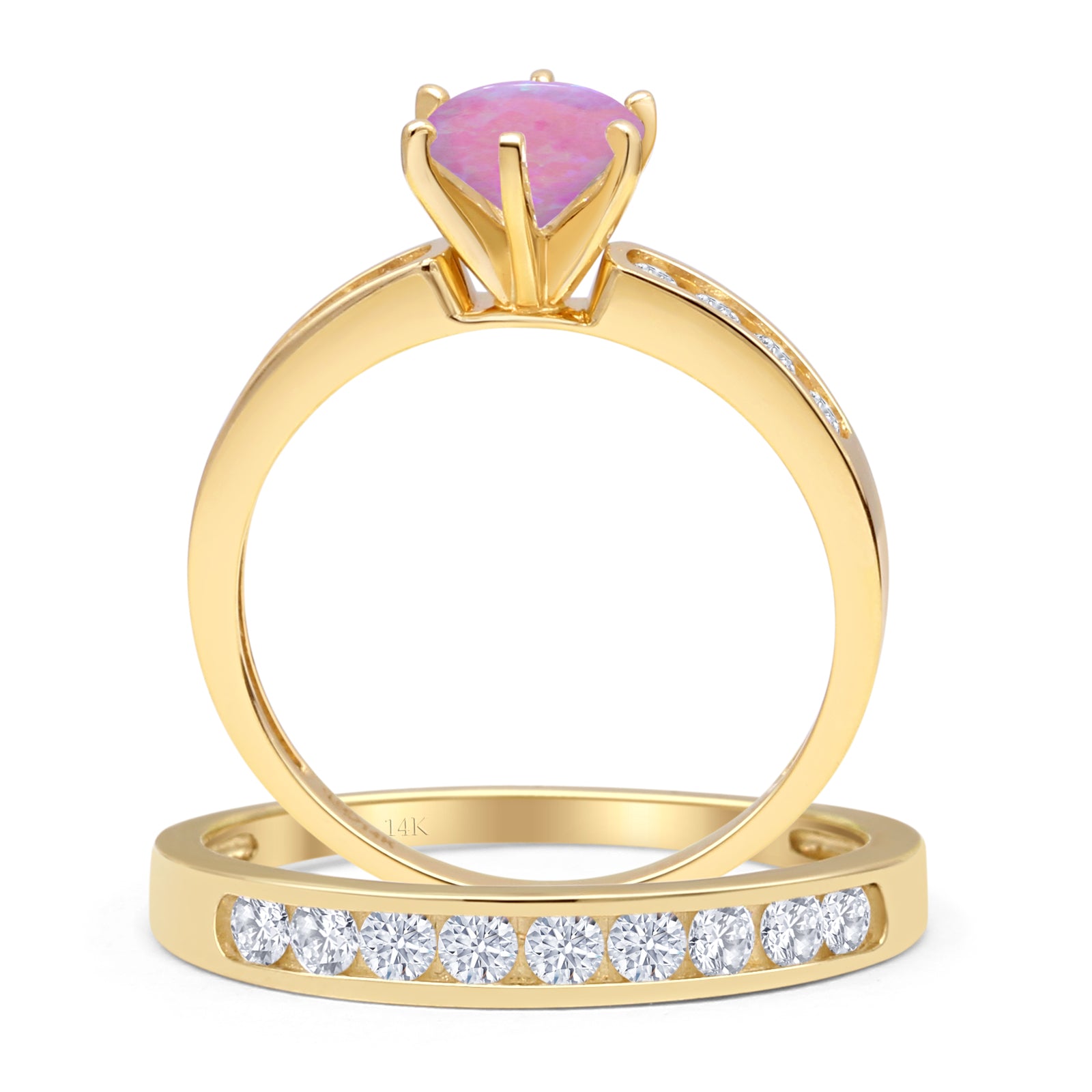 14K Yellow Gold Two Piece Half Eternity Round Lab Created Pink Opal Cathedral Ring - Elegant Stackable Wedding Band for Women, Perfect for Anniversary, Engagement & Everyday Jewelry