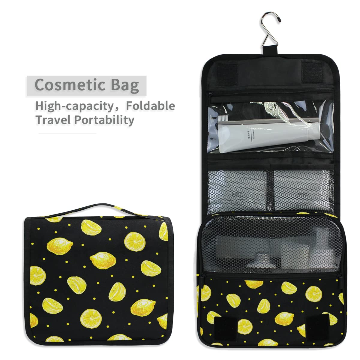 Senya Hanging Travel Toiletry Bag Kit - Waterproof Cosmetic Organizer for Men & Women (Yellow Lemons) - Perfect for Camping, Gym, Business Trips & Vacation Essentials