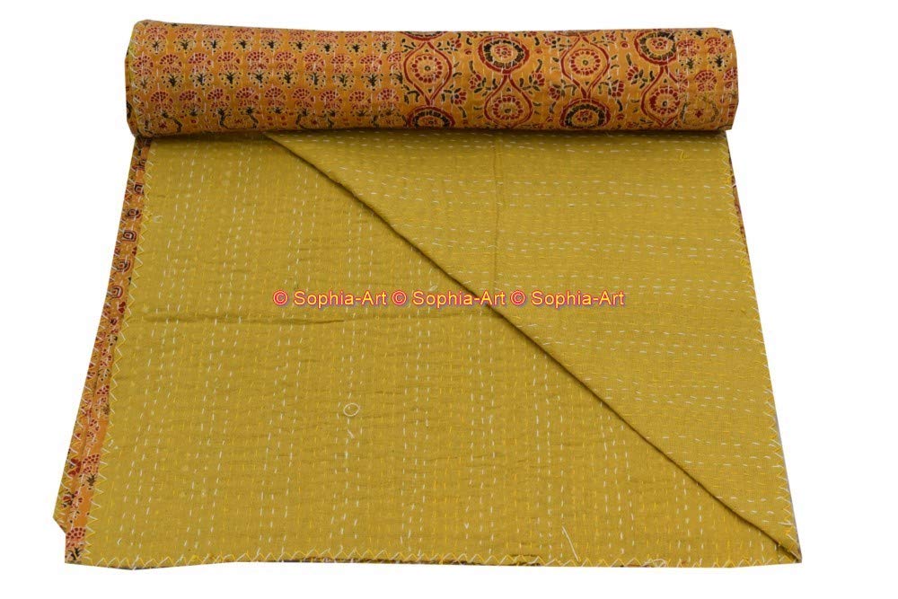 Sophia Art Queen Size Hand Block Print Kantha Quilt 90x108 Inch - Ajrakh Bedspread with Vegetable Dye | Indigo Print Cotton Blanket (Yellow Patch) for Bedroom Decor, Boho Chic Home, Guest Room & Cozy Throw