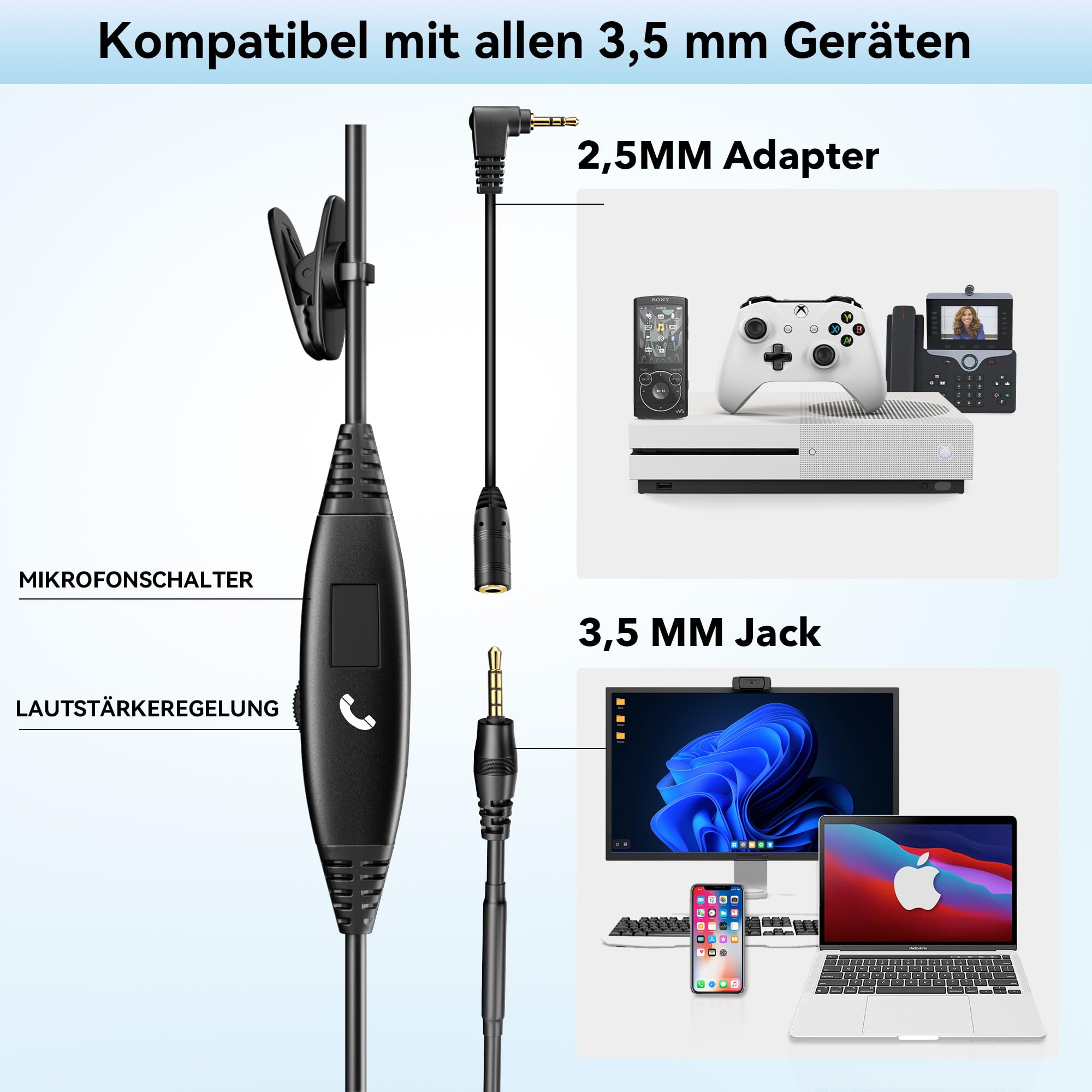 Wantek 601F Mono Headset with Noise Cancelling Microphone - 3.5mm Jack (Includes 2.5mm Adapter) for Call Center, PC, Smartphone, MP3, Xbox - Perfect for Online Classes, Gaming & Customer Service