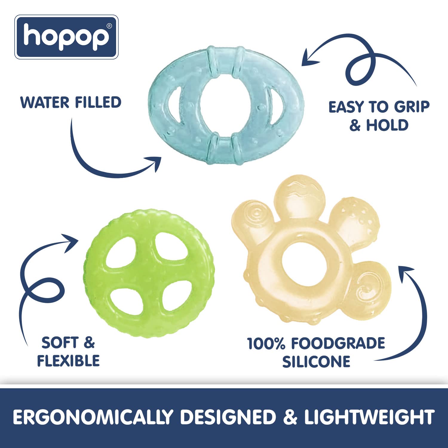 Hopop Baby Teether for 3-12 Months - BPA Free Cooling Water Filled Teether with Multi-Textured Surfaces to Soothe Gums - Easy Grip Design - Pack of 3 Yellow Teethers - Perfect for Teething Relief at Home, Travel & Daycare