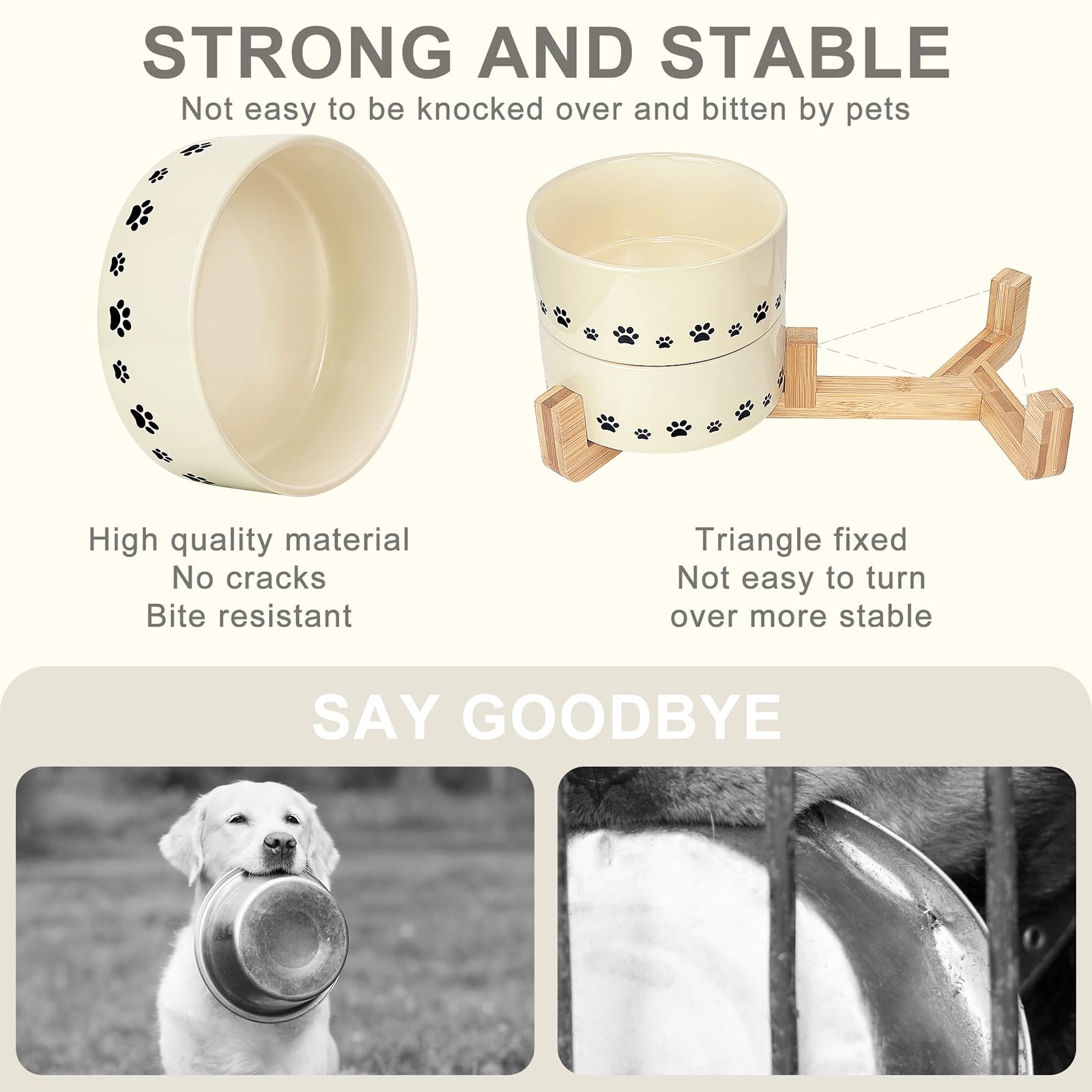 Ceramic Raised Dog and Cat Bowls Set with Anti-Slip Wooden Stand - Weighted Pet Food & Water Dishes for Small, Medium & Large Pets - 14oz Beige - Perfect for Home, Kitchen, and Outdoor Feeding Stations