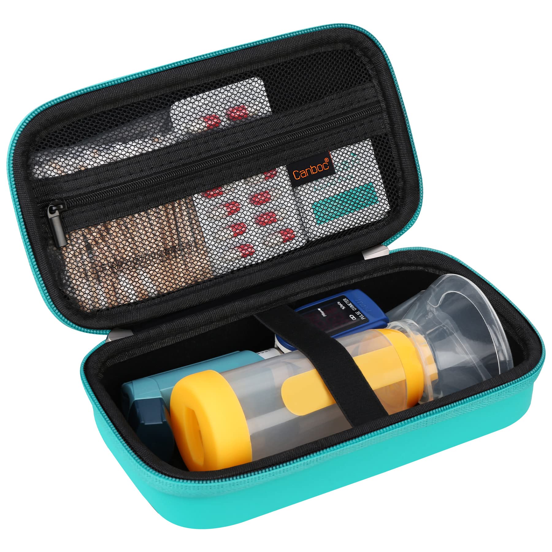 Canboc Travel Carrying Case for Asthma Inhaler - Portable Hard Case with Mesh Pocket for Medicine Storage - Handheld Spacer Compatible with Adult & Kids Inhalers - Mint Green Organizer (Case Only) - Perfect for Travel, School & Daily Asthma Management
