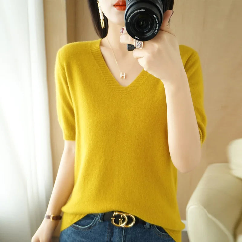 Solid Color V-Neck Half-Sleeve Cashmere Sweater for Women - Soft Thin Knit Casual Top for Office Wear & Fall Layering