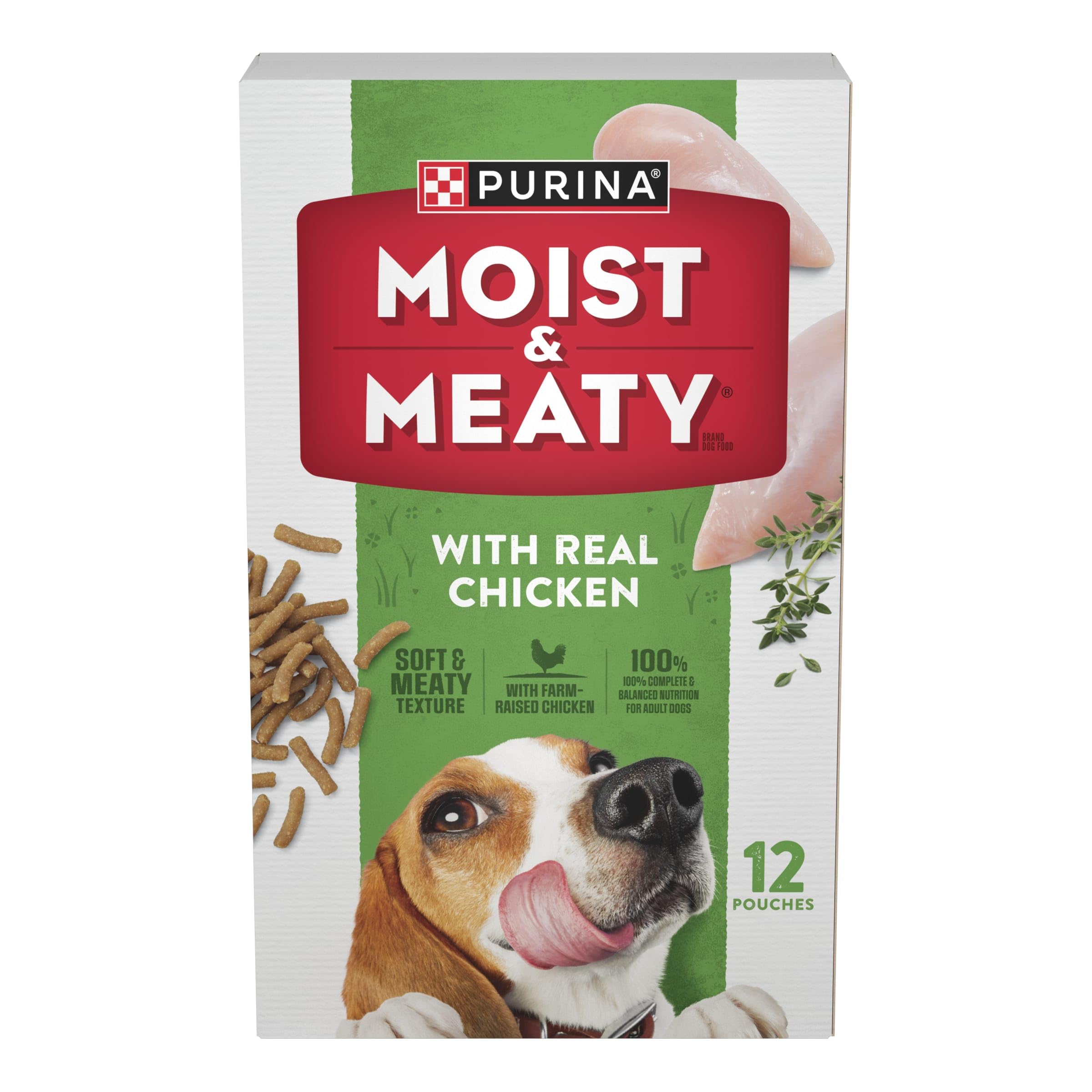 Purina Moist & Meaty Soft Dog Food - Real Chicken Recipe Wet Dog Food for Adult Dogs, 12 Pack | High Protein, Grain-Free & Tender Bites for Daily Meals, Training Treats & On-the-Go Feeding
