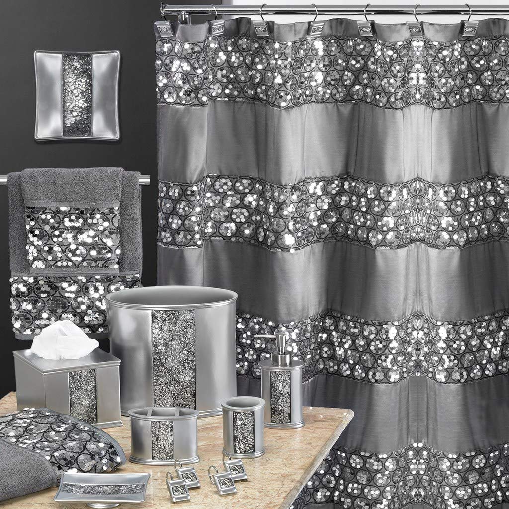 Luxury 13-Piece Full Bath Accessories Set - Includes Shower Curtain, Bath Towels, Bath Mat in Silver | Modern Bathroom Decor for Home & Hotel Use