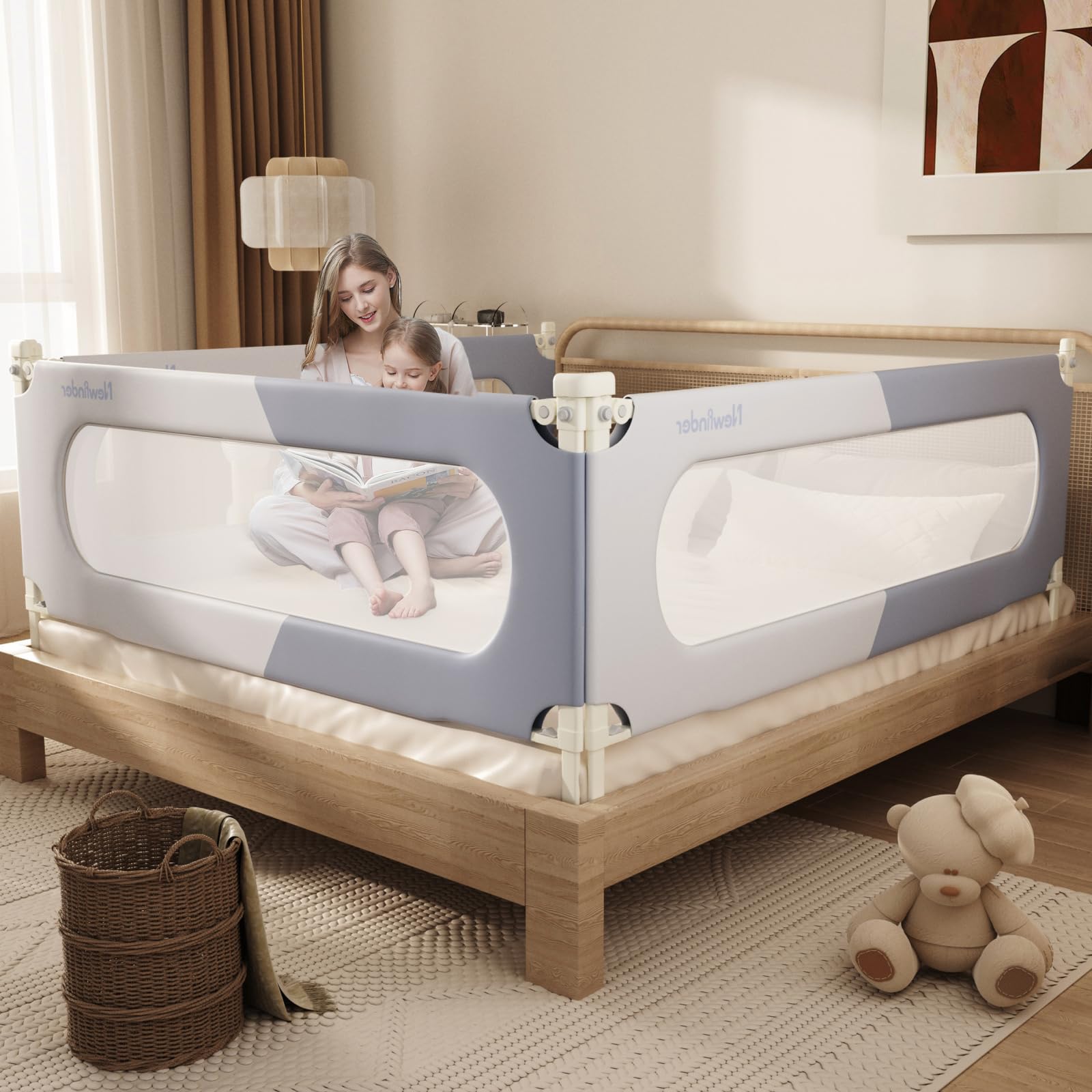 Newfinder Adjustable Bed Rail for Toddlers - Dual-Child Lock Safety Guardrail with Height Adjustment, Universal Fit for Twin/Queen/King/Full Size Beds - Neutral Crib Bumper (74.8