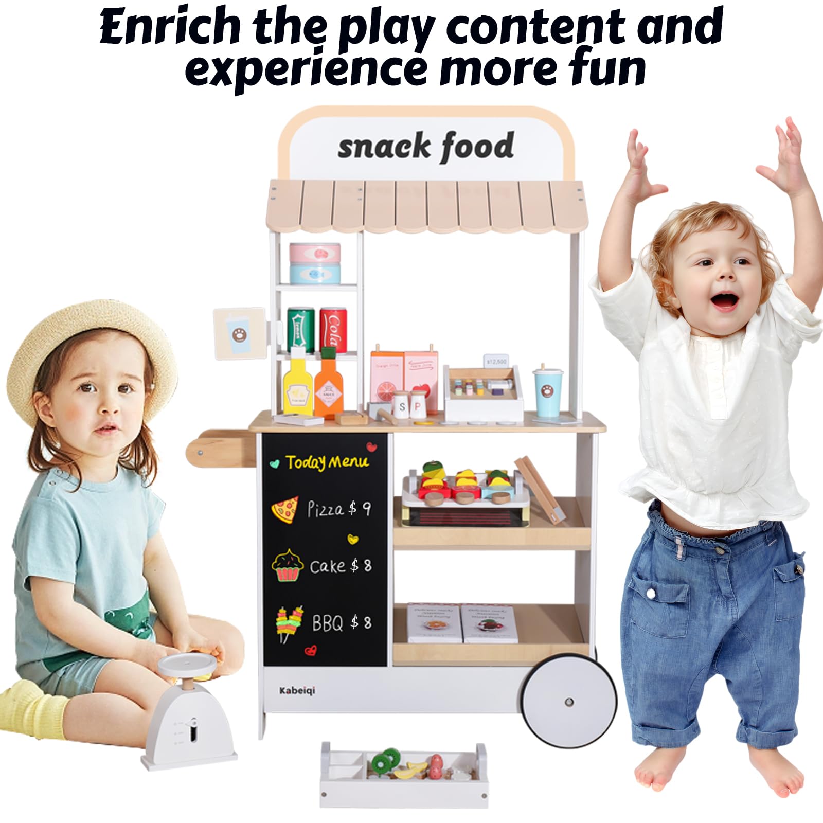 Wooden Pretend Play Food Cart Toy Set for Kids - Supermarket & Grocery Store Playset with Grill, Chalkboard & Cash Register - Educational Role Play Toy for Boys & Girls Ages 3+ - Perfect for Birthday Gifts & Indoor Pretend Play Activities