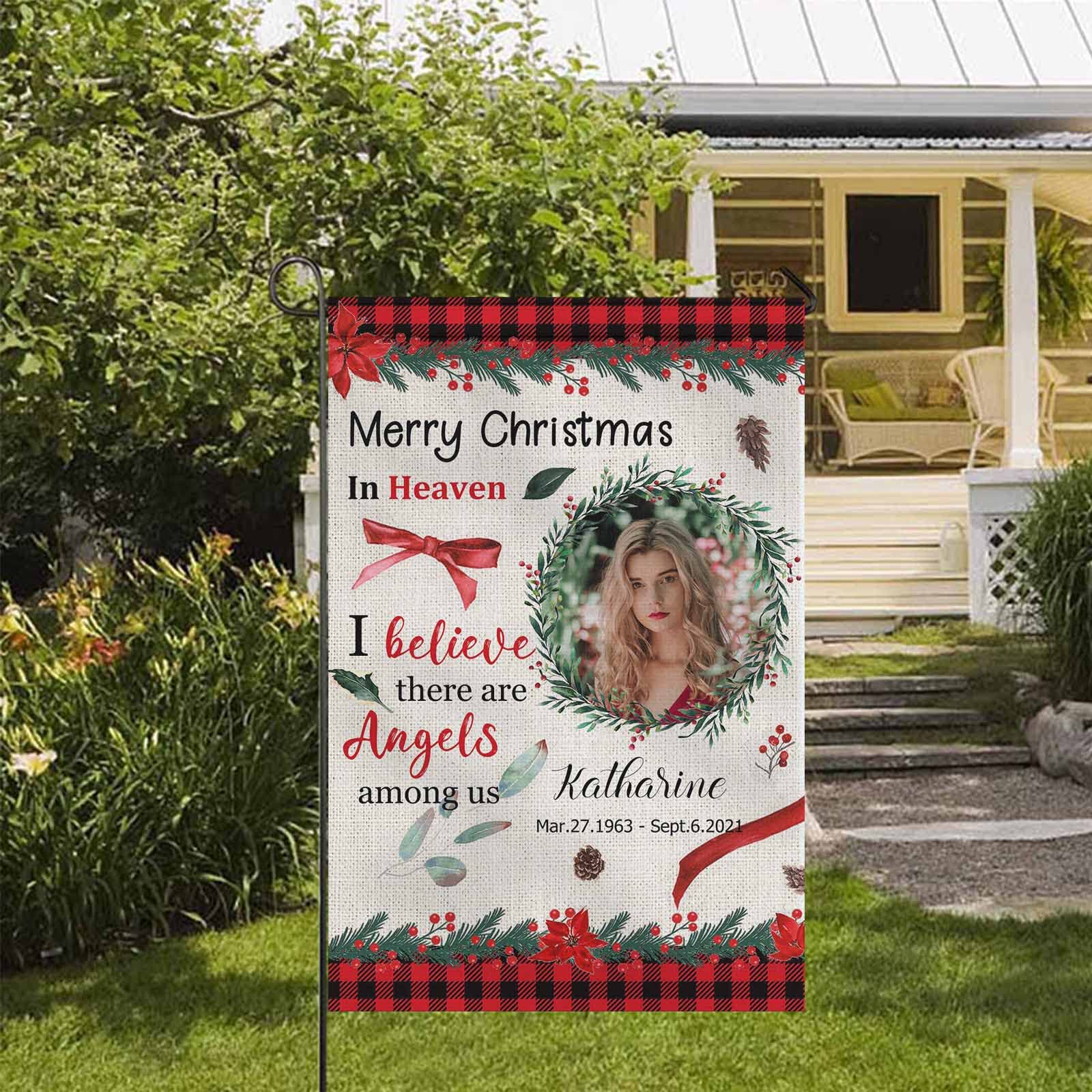 Custom Memorial Garden Flag - Personalized In Loving Memory Yard Banner with Photo & Text - Double Sided 12x18 Inch - Perfect for Graves, Flower Pots & Outdoor Decor - Christmas in Heaven Wreath Design for Holiday Remembrance