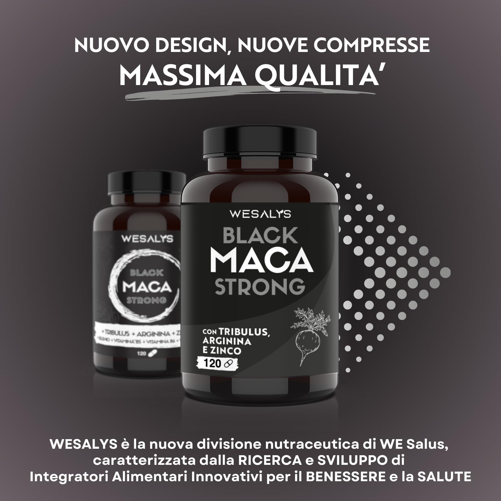 Premium Black Maca Peruvian + Tribulus Terrestris + L-Arginine + Zinc | High Potency Supplement | Made in Italy | Muscle Mass Gainer | Natural Energy Booster | by Wesalys | for Bodybuilding, Workout Performance & Vitality