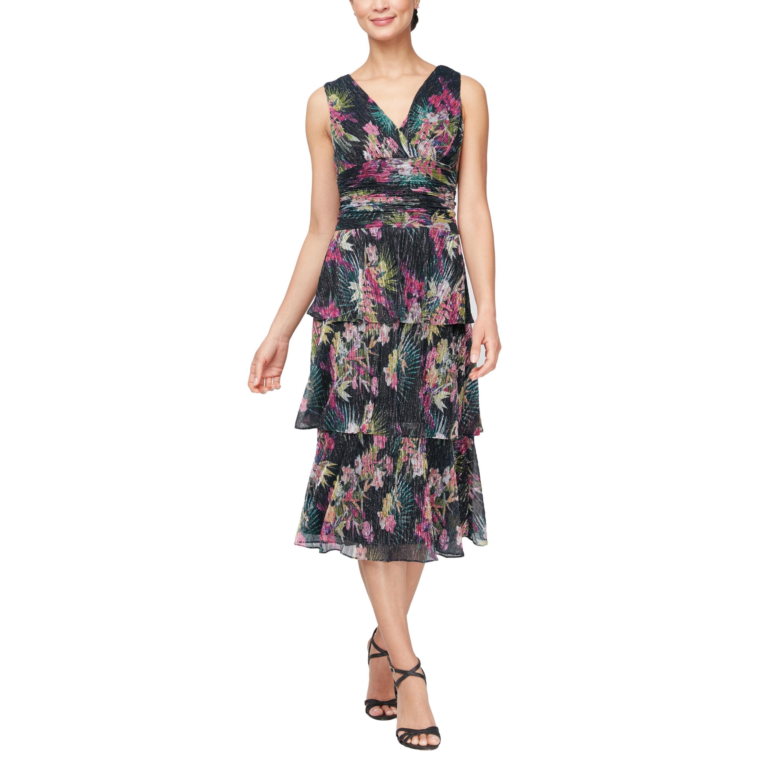 S.L. Fashions Women's Midi Sleeveless Printed Ruched Waist Tiered Skirt Dress for Wedding Guest, Cocktail Party, Summer Vacation & Special Occasions