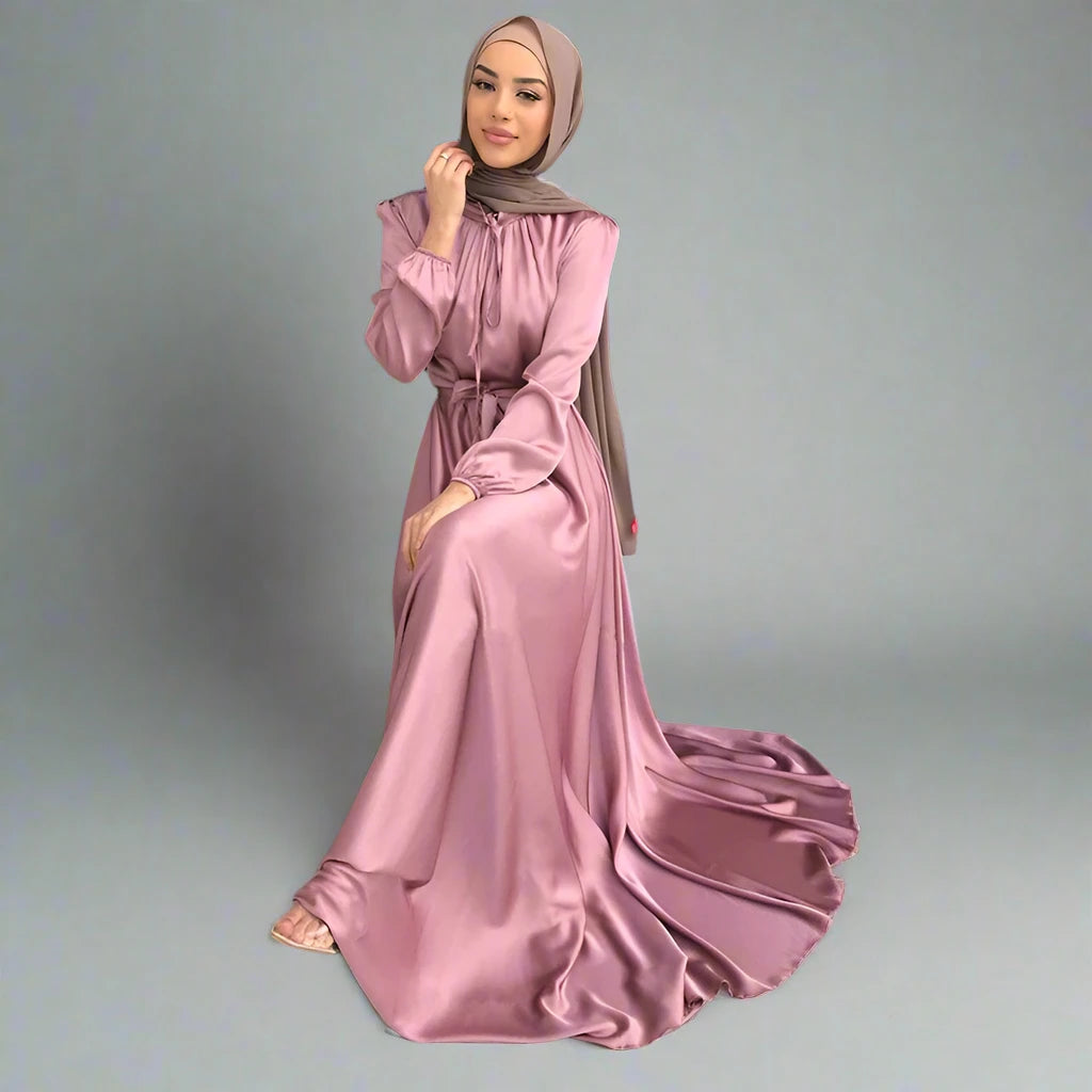 8 Colors Muslim Women's Satin Abaya Dress - Modest Islamic Prayer Dress for Eid, Ramadan & Special Occasions