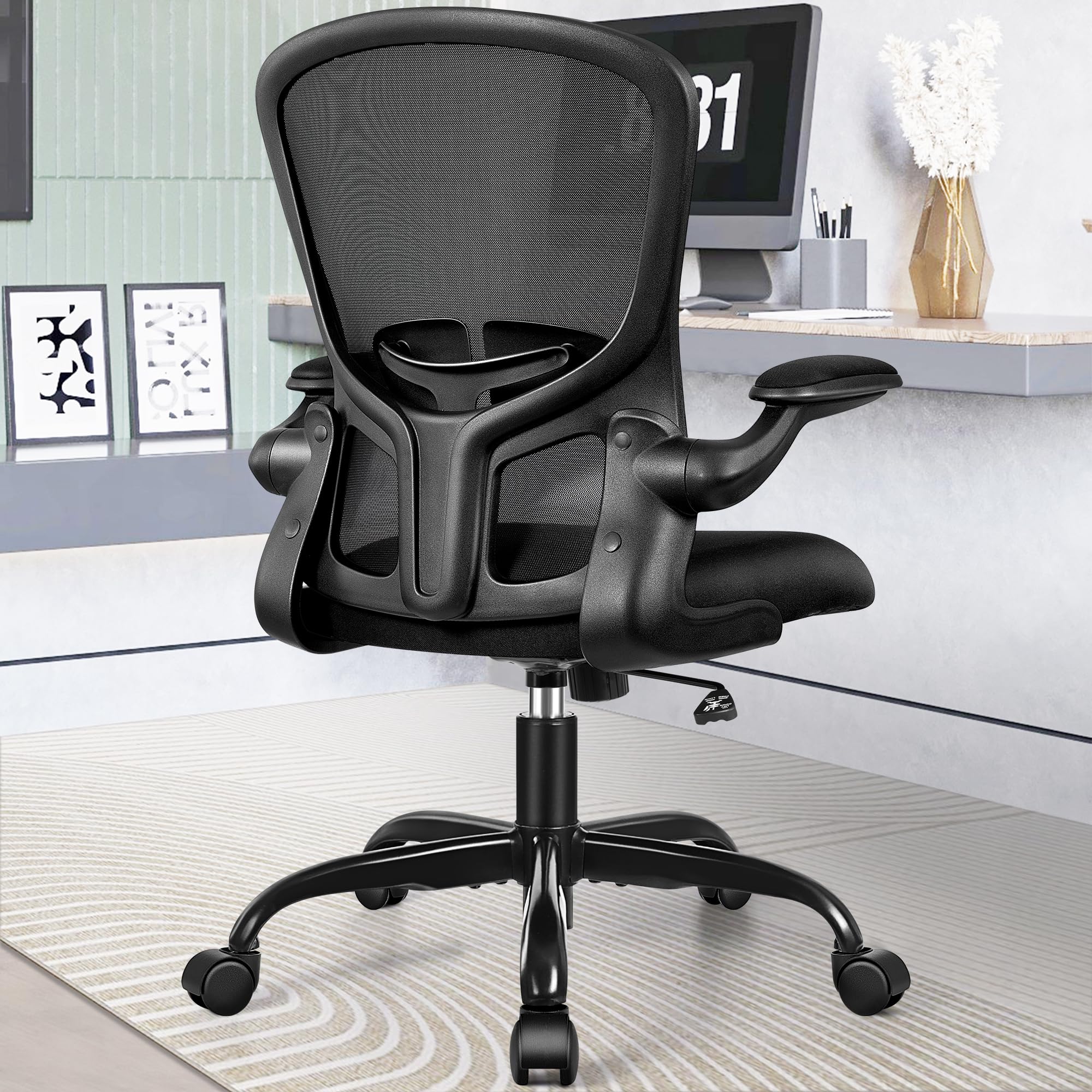 FelixKing Ergonomic Office Chair with Wheels - Adjustable Lumbar Support & Height, Swivel Computer Desk Chair with Flip-Up Armrests & Mesh Backrest - Perfect for Home Office, Gaming, and Workspaces (Black)