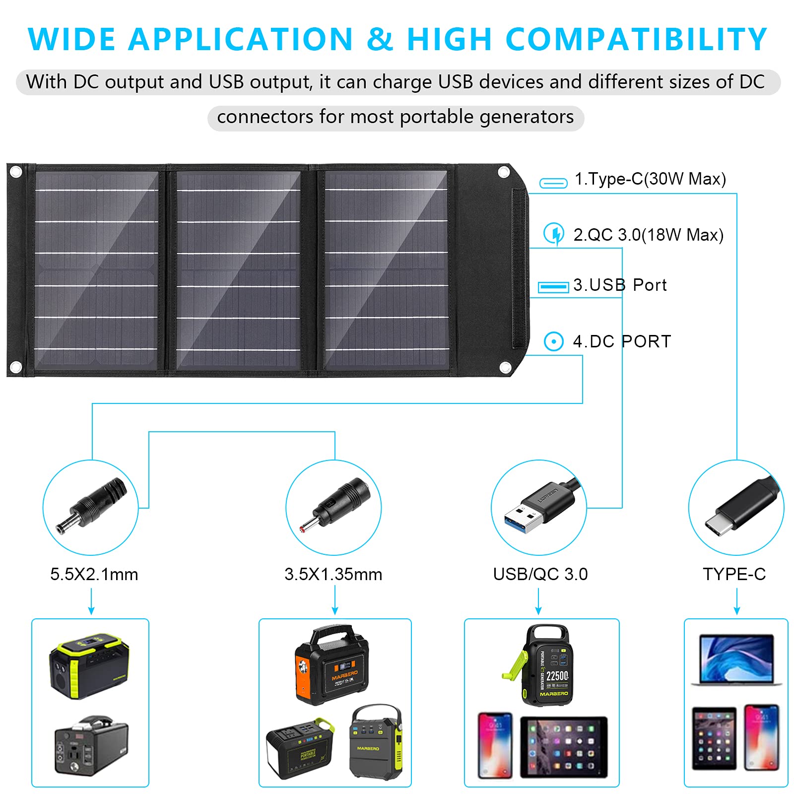 MARBERO 30W Portable Solar Panel Charger - 23% High Efficiency Foldable Solar Panel with QC3.0 USB & DC Port - Waterproof IP65 for Camping, Hiking, RV & Outdoor Power - Compatible with iPhone, iPad, Laptop & More