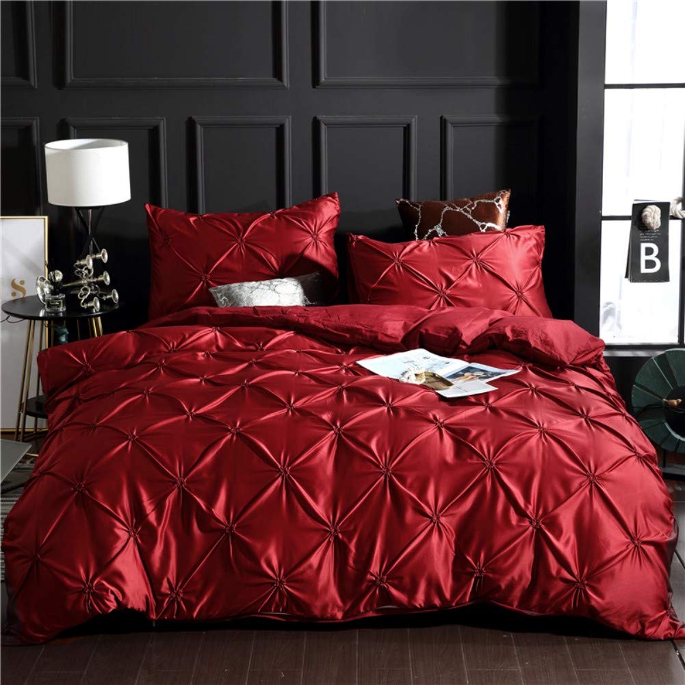 Silk-Like Satin Pintuck Duvet Cover Set - Pinch Pleated Ruffle Design, Microfiber Bedding Set (King Size, 8 Colors Including Red) for Luxury Bedroom Decor & Hotel-Style Comfort