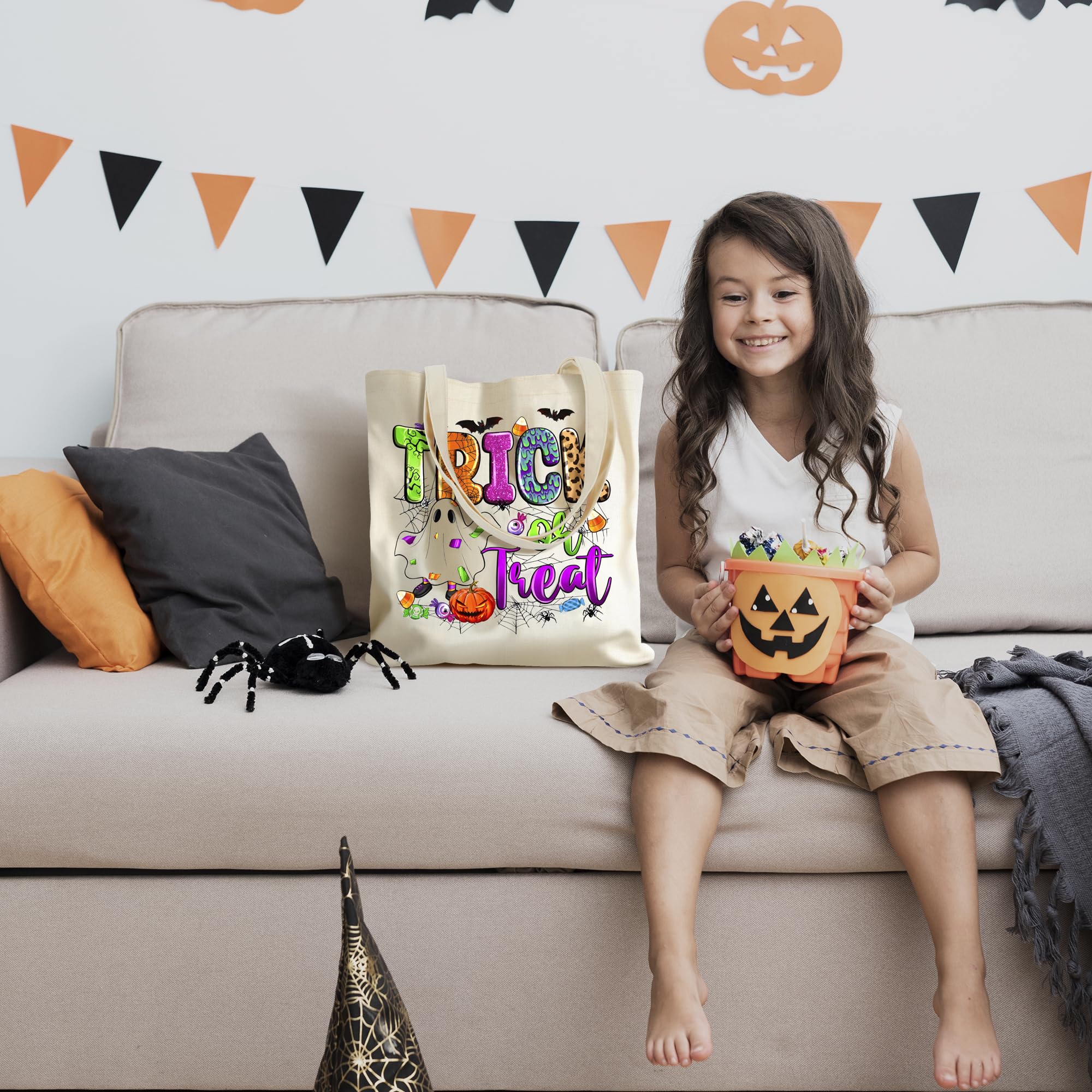 Halloween Candy Bags for Trick or Treating - 13 Inch Reusable Canvas Treat Bags for Kids - Perfect for Halloween Parties, School Events and Neighborhood Trick-or-Treating