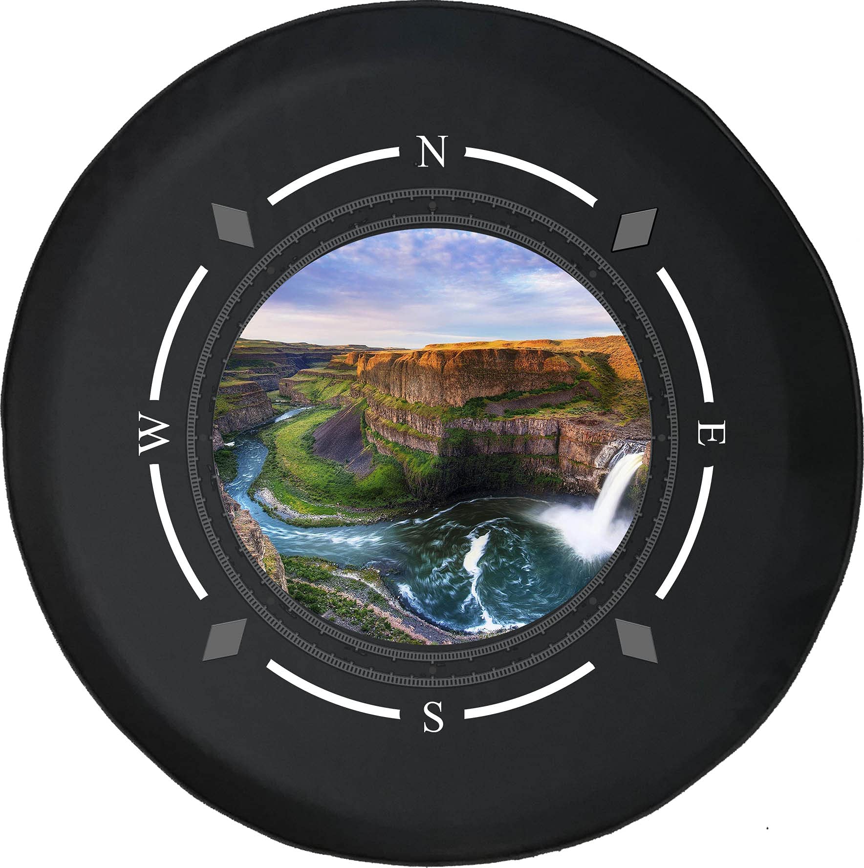 Premium American Unlimited Spare Tire Cover with Compass & Canyon Waterfall Design - Universal Fit for SUVs, Trailers, RVs & Most Vehicles | Durable Wheel Protection for Off-Road Adventures & Camping Trips