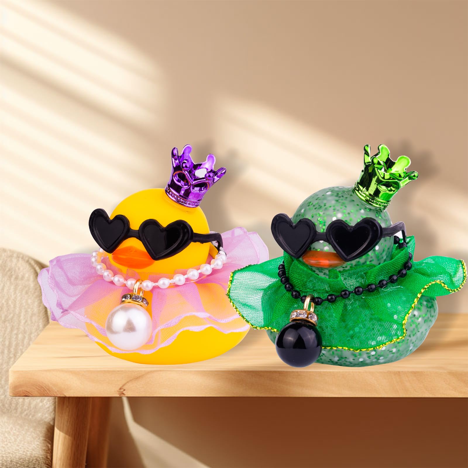 Rubber Duck Car Dashboard Decoration with Mini Crown, Skirt, Necklace & Glasses - Cute Car Accessories for Dashboard, Office Desk, and Party Decor - CF038A