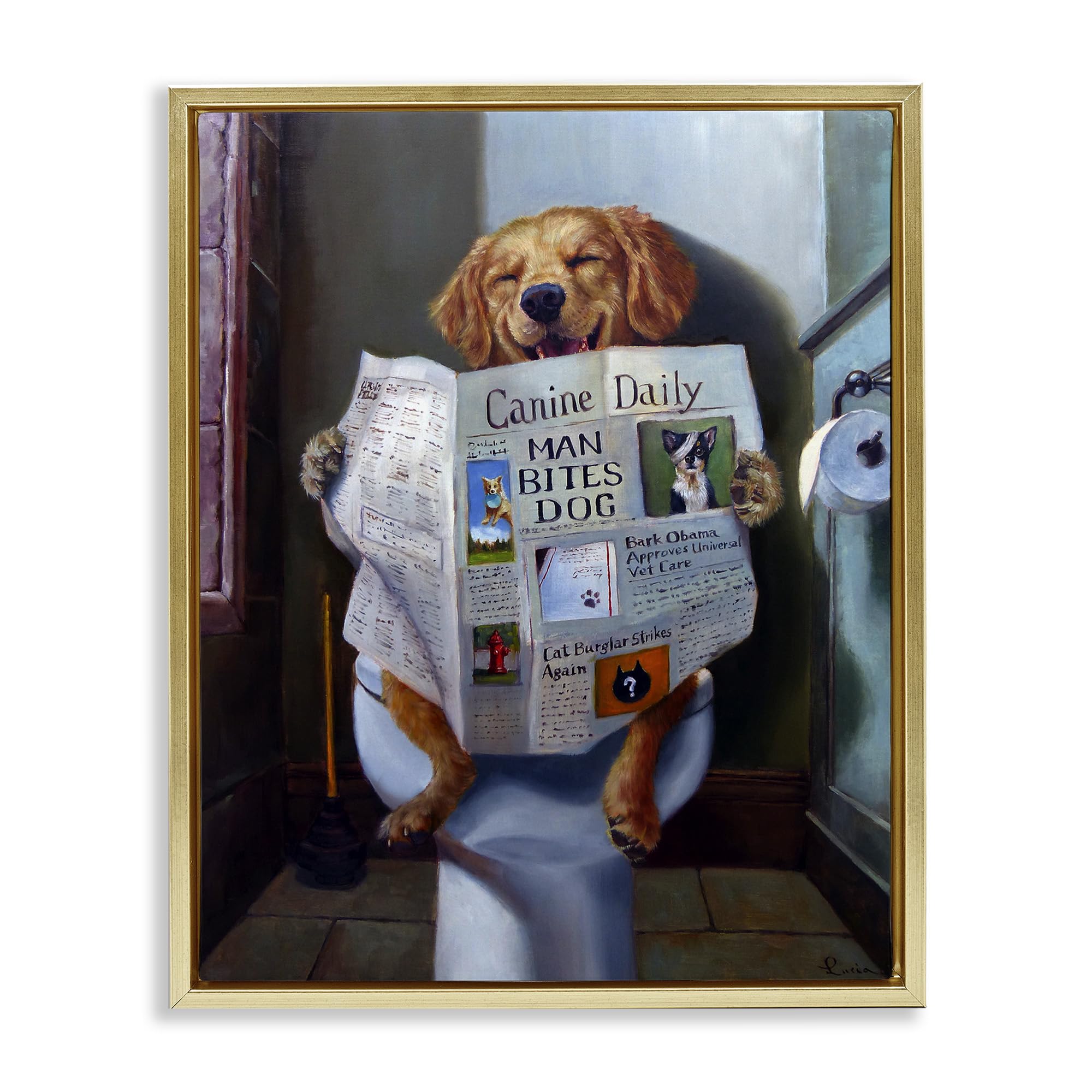 Funny Dog Reading Newspaper on Toilet Canvas Wall Art - Lucia Heffernan Framed Floater Painting - Perfect for Bathroom Decor & Humorous Home Office Art