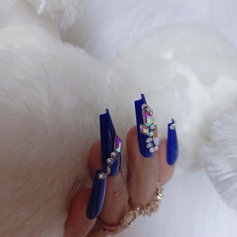 24-Piece Ballerina Deep Blue Press-On Nails with Glitter & Diamond Crystals - Long Coffin Fake Nails for Women | Perfect for Parties, Weddings, and Special Occasions