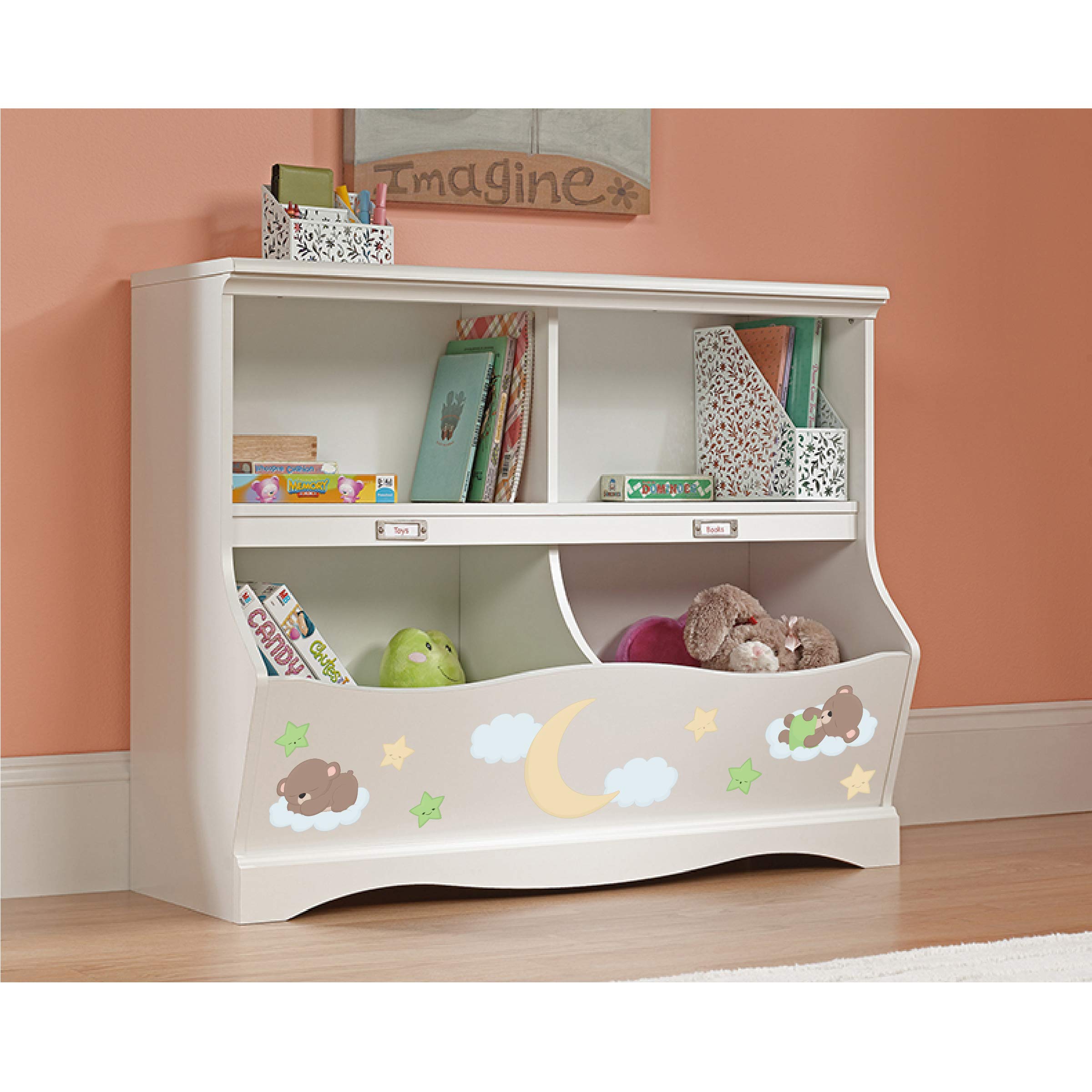 LifeSong Milestones Bookcase Footboard with Cubbyhole - Kids Book Storage Organizer, Toy Shelf for Nursery, Playroom & Bedroom - Soft White Finish Teddy Bear Design (Green) - Perfect for Organizing Children's Books, Toys & Decor in Small Spaces