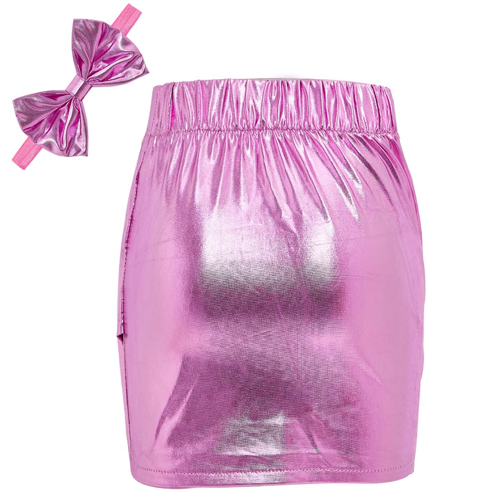 Sparkly Metallic PU Faux Leather Ruched Mini Skirt for Toddler Girls | Shiny Party Dress Skirt with Matching Headband | Perfect for Birthday Parties, Photo Shoots & Special Occasions
