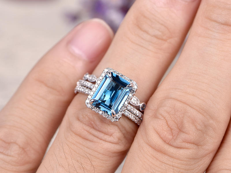 14K White Gold London Blue Topaz Emerald Cut Engagement Ring with Halo Diamonds - Art Deco Bridal Wedding Ring Set for Women, Perfect for Proposals, Anniversaries & Special Occasions