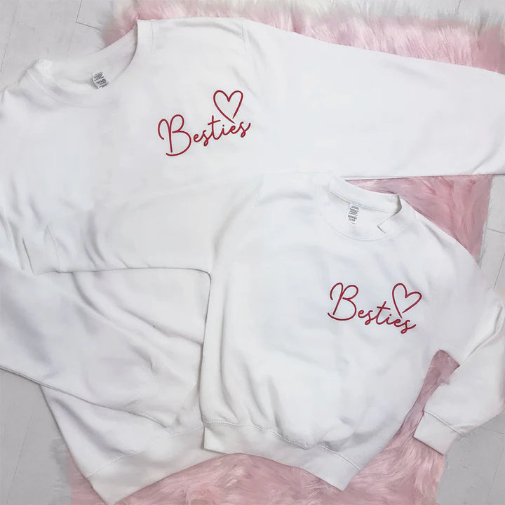CLR Besties Mini Logo Mum & Kid Matching White Sweaters (MRK X) - Cozy Family Outfits for Winter & Holiday Photos