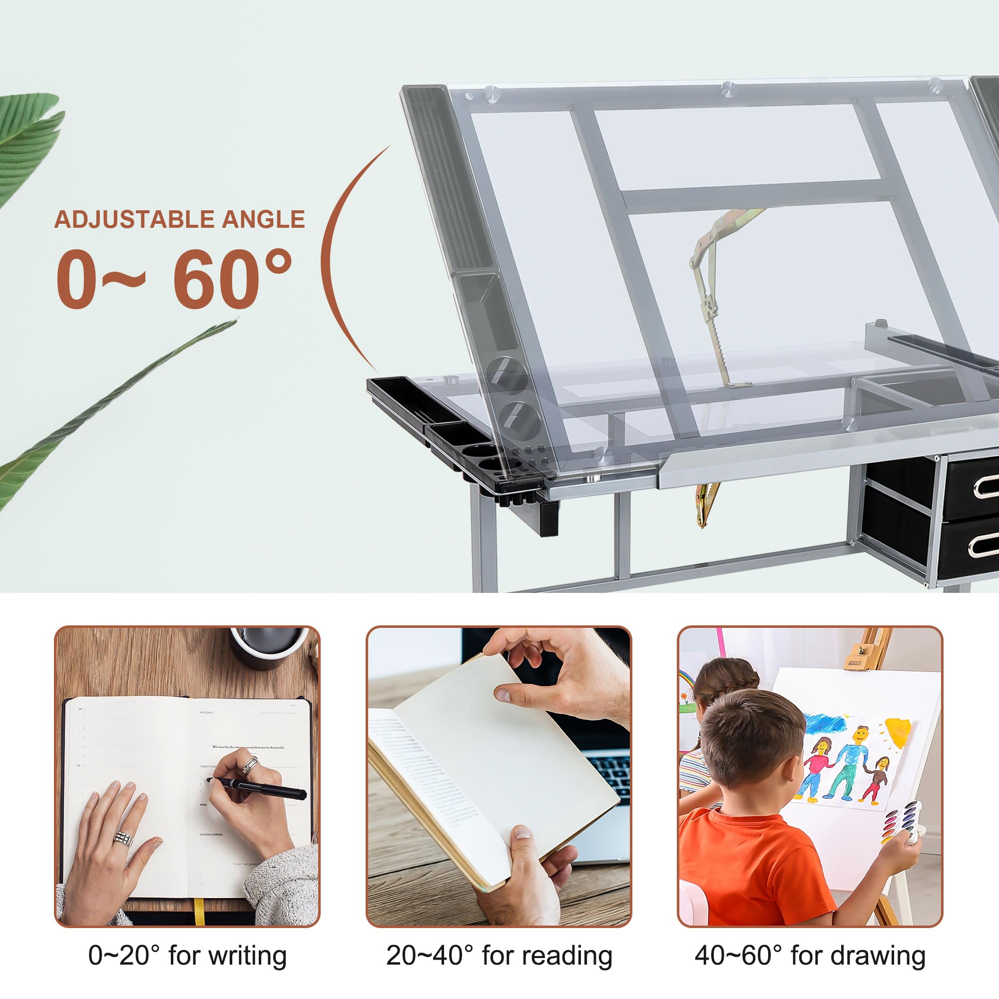 Adjustable Height Glass Top Rolling Drafting Table - Art & Craft Workstation with Drawers & Wheels for Home Office, Studio, and Creative Workspaces