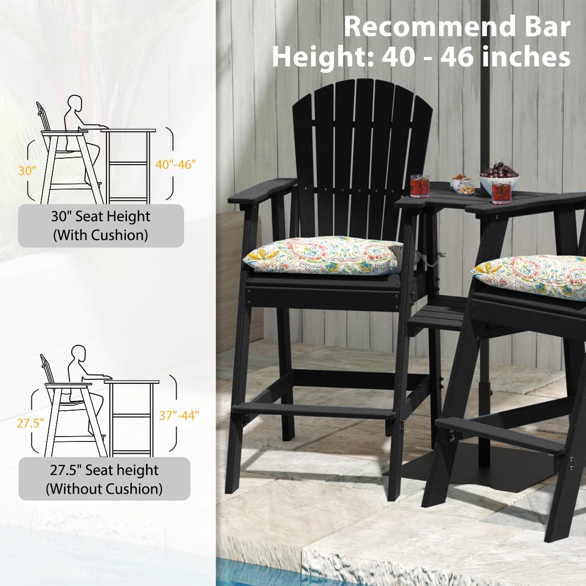 Premium Outdoor Adirondack Chairs Set of 2 with Side Table - HDPE Patio Bar Height Dining Set (3-Piece) - Counter Height Bistro Pub Table with Stools - Includes 2 Umbrella Hole Covers (Black) - Perfect for Backyard, Deck, Garden & Poolside Relaxation
