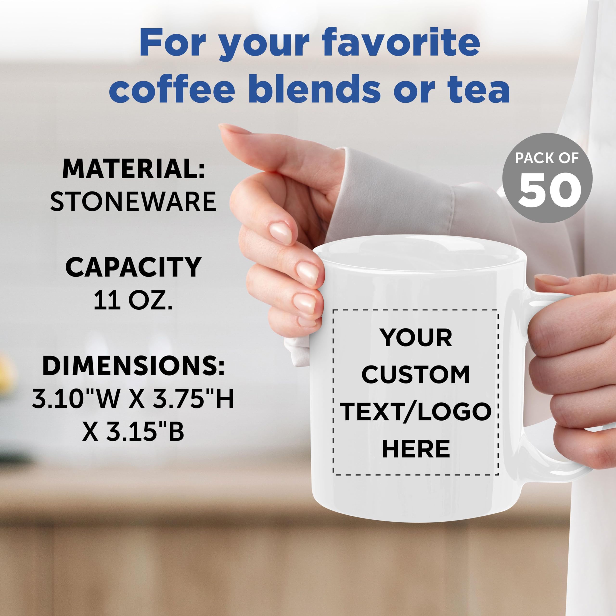 Custom Personalized Ceramic Coffee Mugs 11 oz Bulk Set of 50 - White Coffee Cups for Hot & Iced Drinks, Gaming, Office Use - Perfect for Restaurants, Cafes, Corporate Gifts and Events