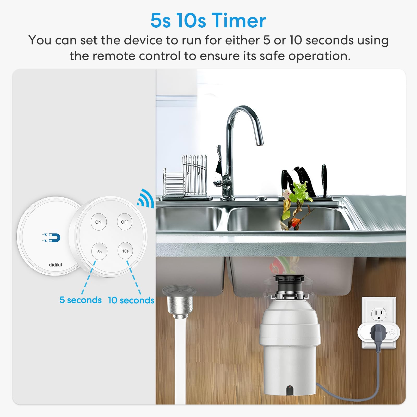 Wireless Remote Control Outlet Switch for Garbage Disposal - 5s/10s Timer, No Wiring Needed, 16A/1800W Capacity (White) - Perfect for Kitchen Sink Waste Disposers, Lights & Small Appliances up to 1HP - Replace Sink Top Air Switches Conveniently