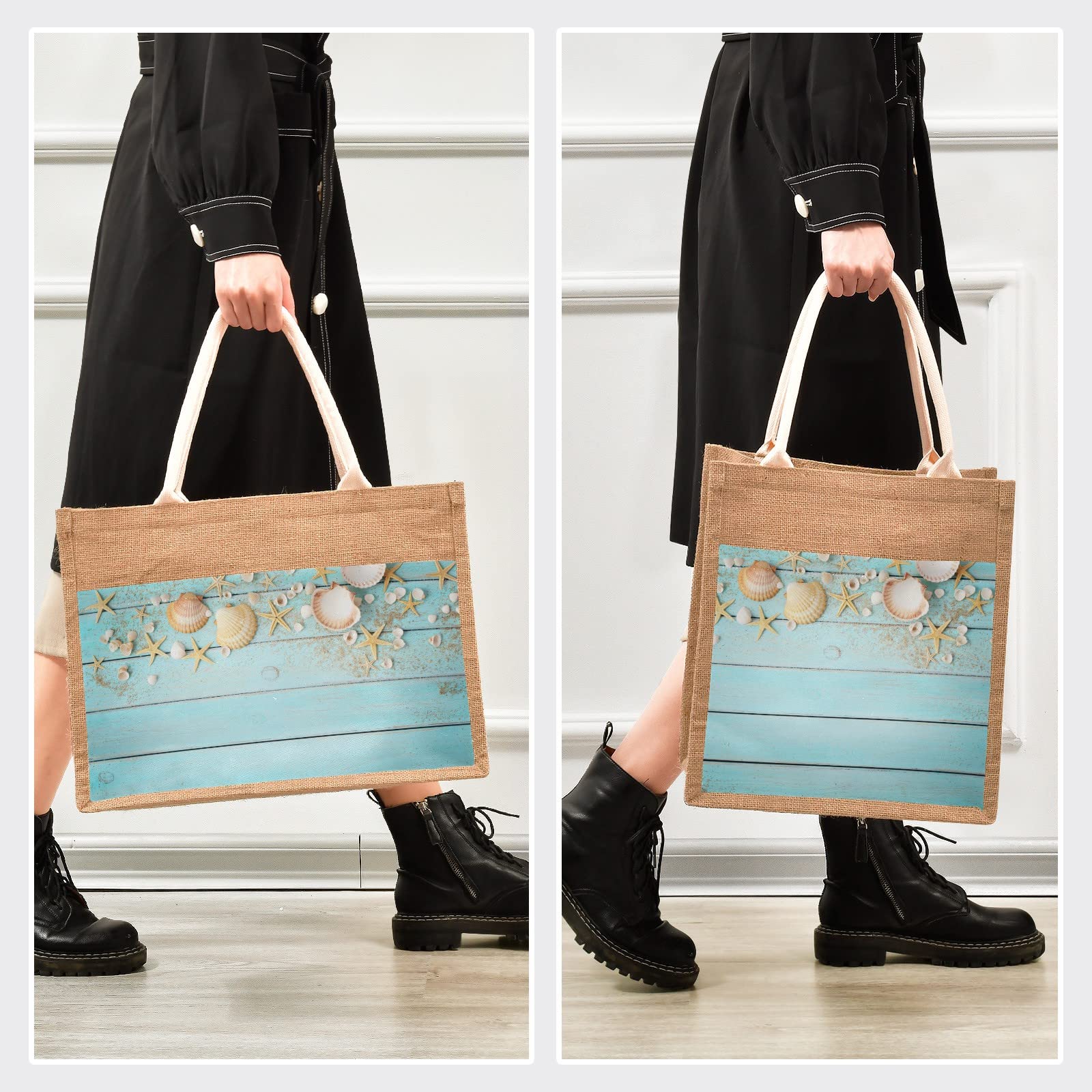Eco-Friendly CaTaKu Sea Wooden Jute Tote Bag with Zipper & Handles - Reusable Grocery Shopping Bag with Front Canvas Pocket - 10