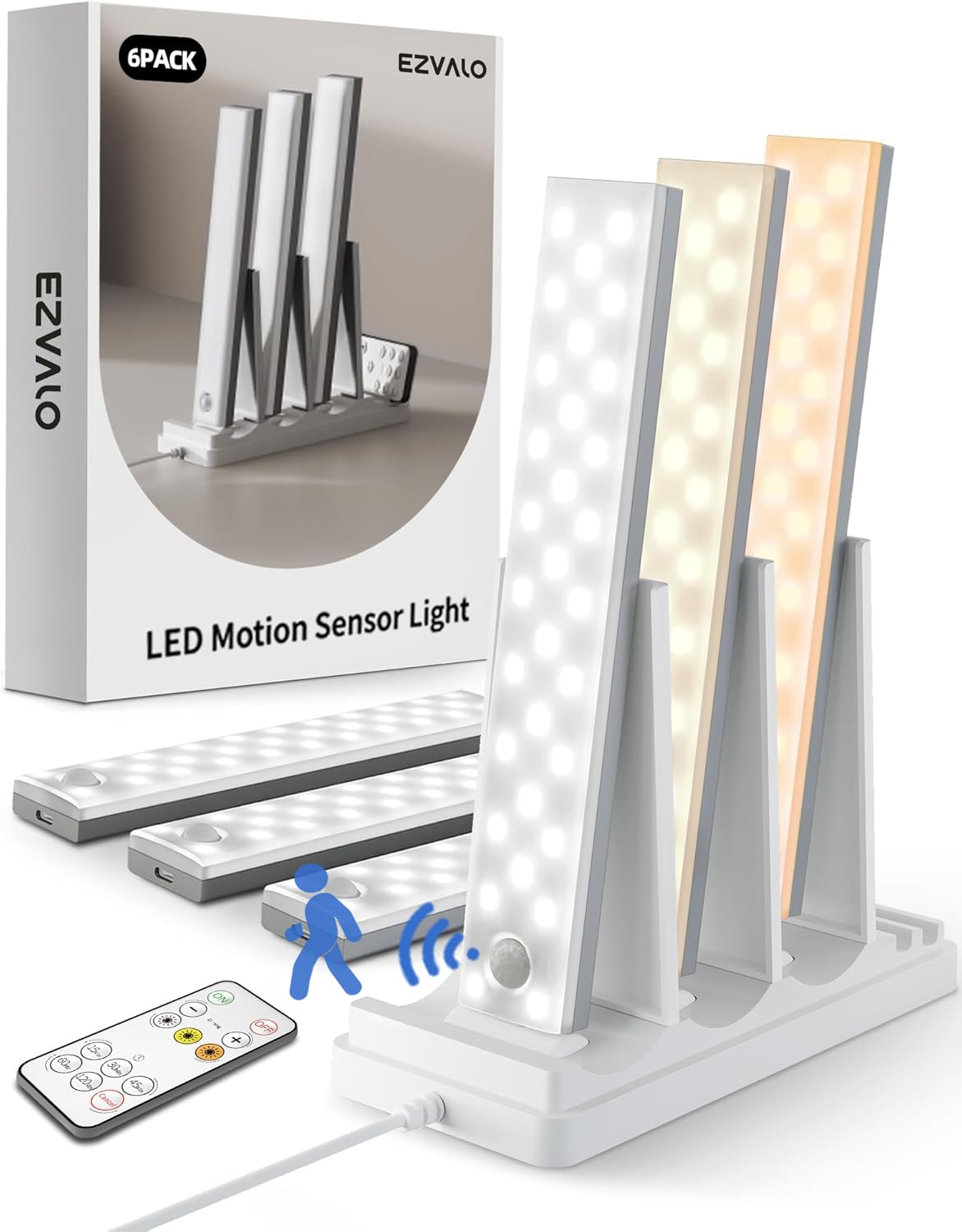 EZVALO 6-Pack Rechargeable Under Cabinet LED Lights with Motion Sensor - 3 Color Temperatures, Dimmable 62 LEDs, Wireless Remote Control - Perfect for Kitchen, Pantry, Closet, and Cabinet Lighting