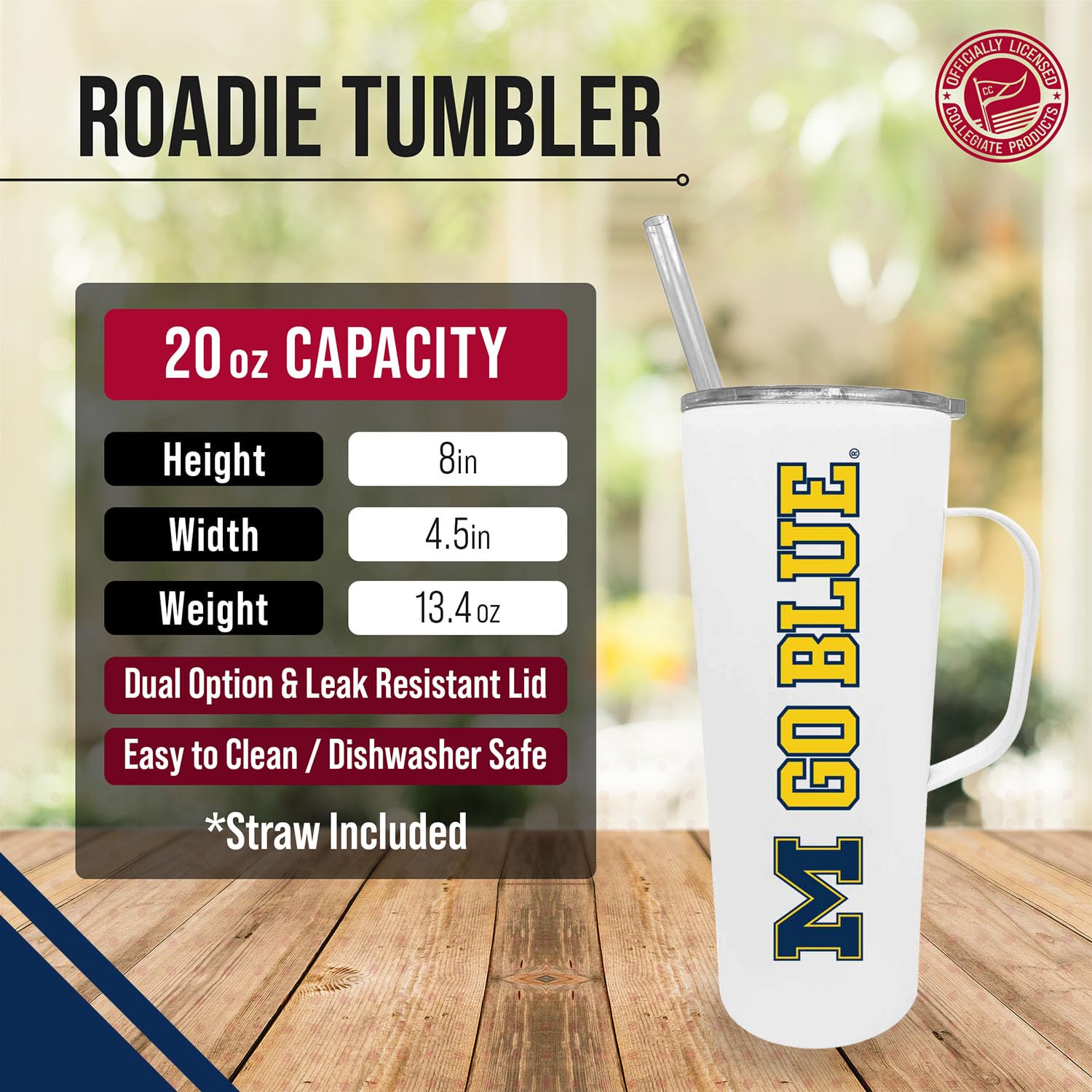 Official Michigan Wolverines 20oz Stainless Steel Tumbler with Handle & Dual Lid Options - Insulated Travel Mug for Coffee, Tea & Cold Drinks - NCAA Licensed Campus Colors Collection (White) - Perfect for Game Day, Office & Outdoor Activities